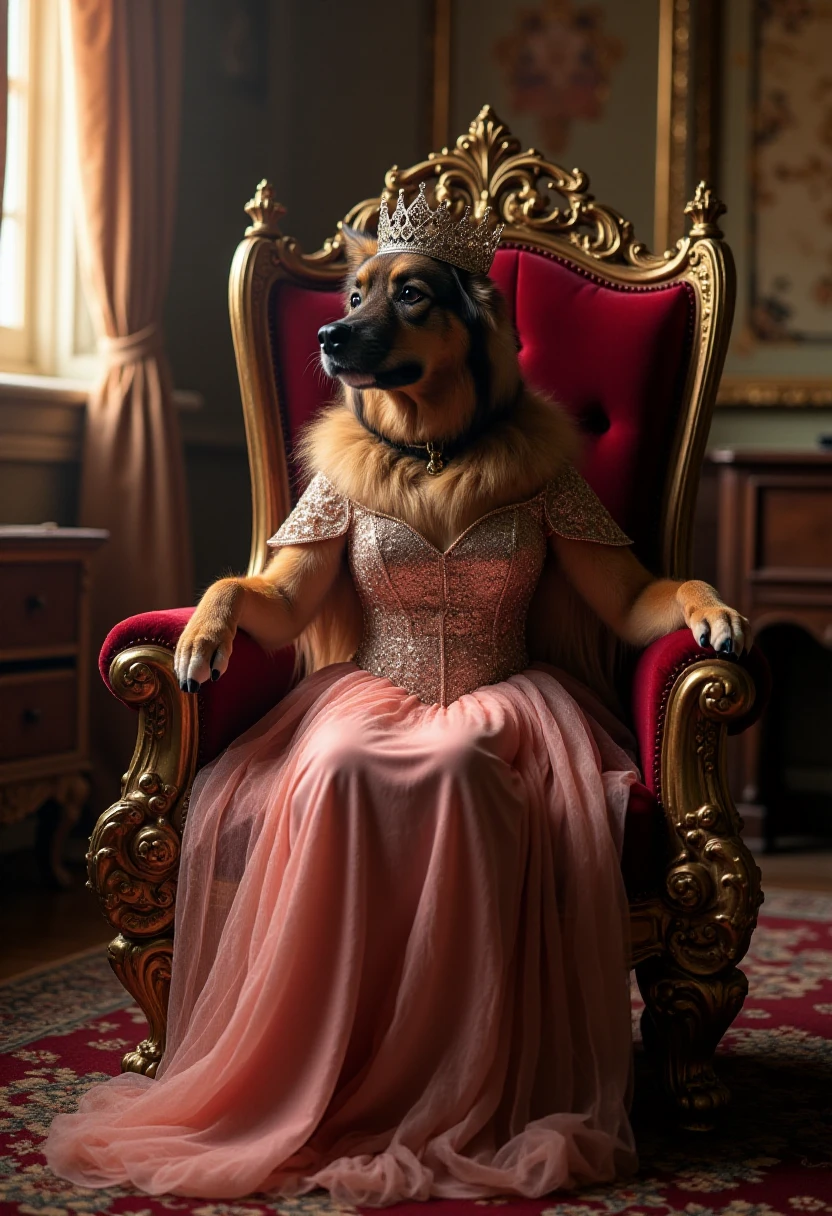 liathedog sitting on a royal throne in a majestic castle, wearing an expensive dress and royal queen's crown  <lora:Lia_-_My_Dog_F1D_r1:1.5>