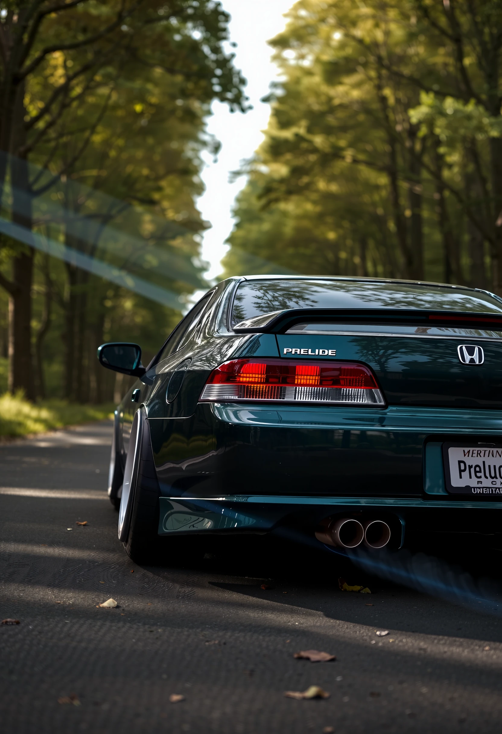 A photograh of a Honda Prelude, emerald green car, morning forest road, titanium single exit exhaust, smoke from exhaust, 5 spoke white wheels, sunroof up, taillights on, license plate says "Prelude", low angle rear shot, reflections, hyperrealistic, 8k