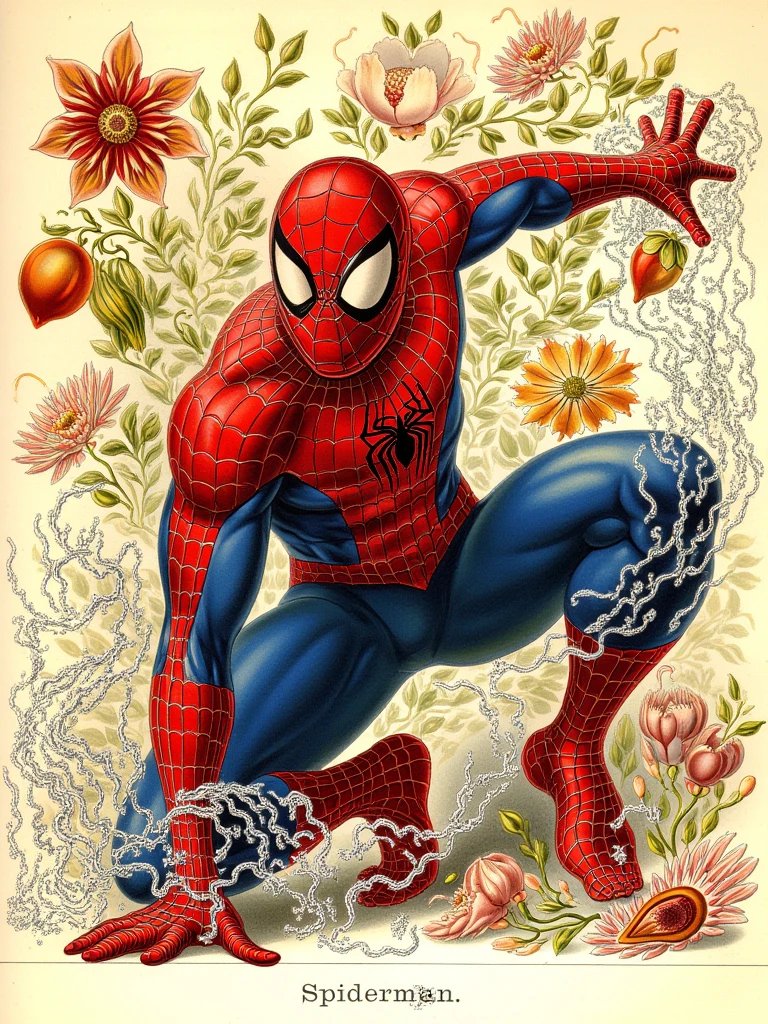 A vintage illustration in the style of hcklknst, illustration of Spiderman. The illustration is in a vintage style, with vibrant colors and intricate details. The background is a light beige color, making the Spiderman stand out even more. The overall style of the illustration is reminiscent of a botanical illustration. there is text at the bottom of the page that reads "Spiderman."