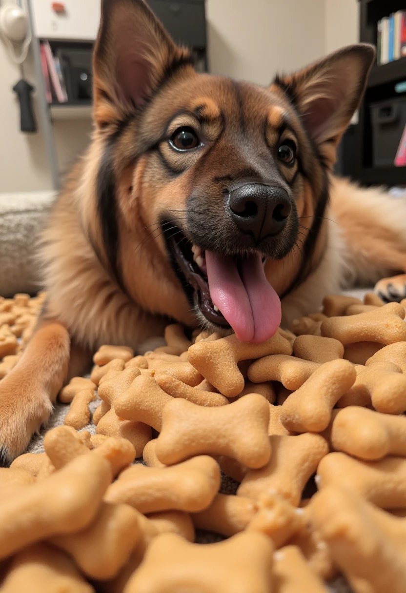 liathedog lying on a mountain of dog treats, looking very happy with mouth open and tongue out  <lora:Lia_-_My_Dog_F1D_r1:1.5>