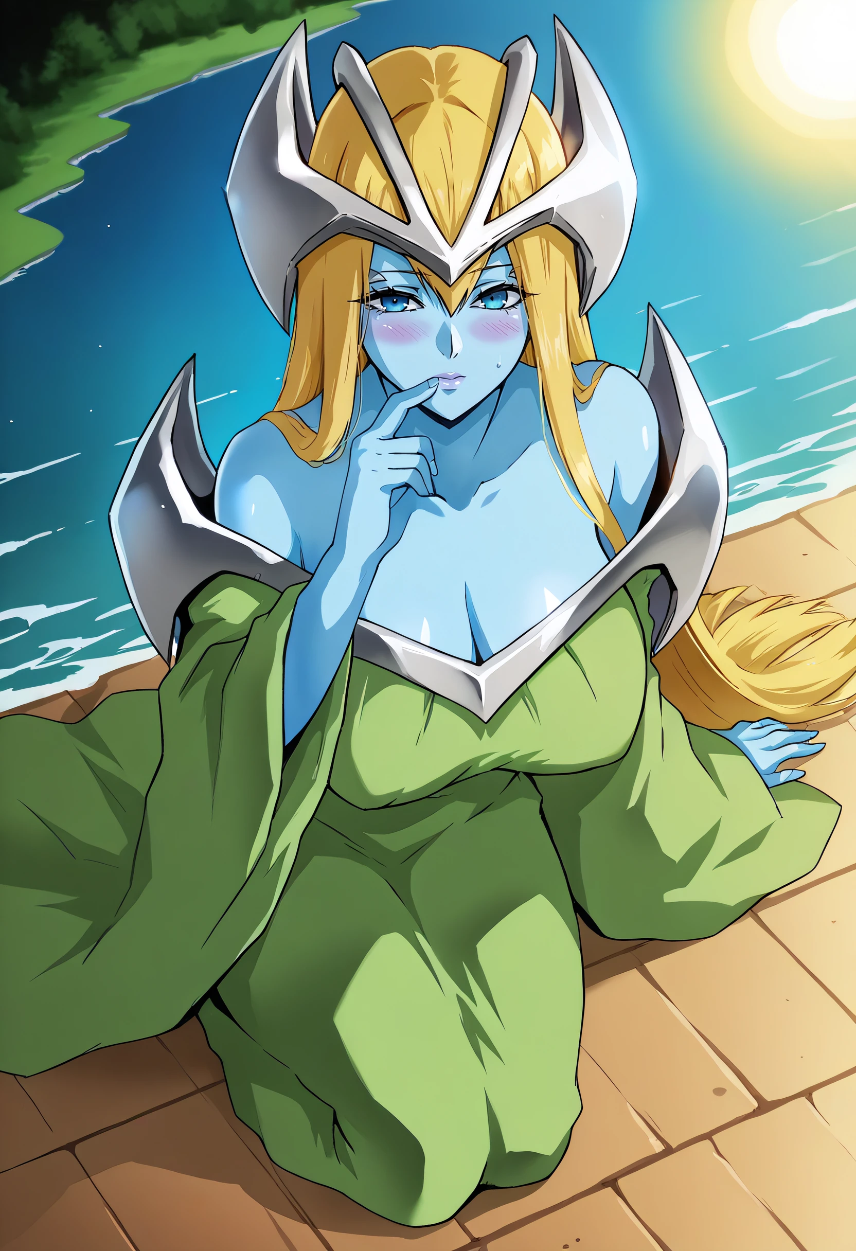 harayu, score_9, score_7_up, source_anime BREAK 1girl, sideways glance, from above,
<lora:MysticalElf_Dwnsty:1>, mystical_elf, blue skin, colored skin, blue eyes, blonde hair, long hair, duel monster, green dress, long sleeves, wide sleeves, off shoulder, cleavage, 
large breasts, skindentation,lips, blush, closed mouth, on side, d:, finger to own chin, Sitting on edge pose, Lean body,
 river, sun, blue sky, silhouette shading,