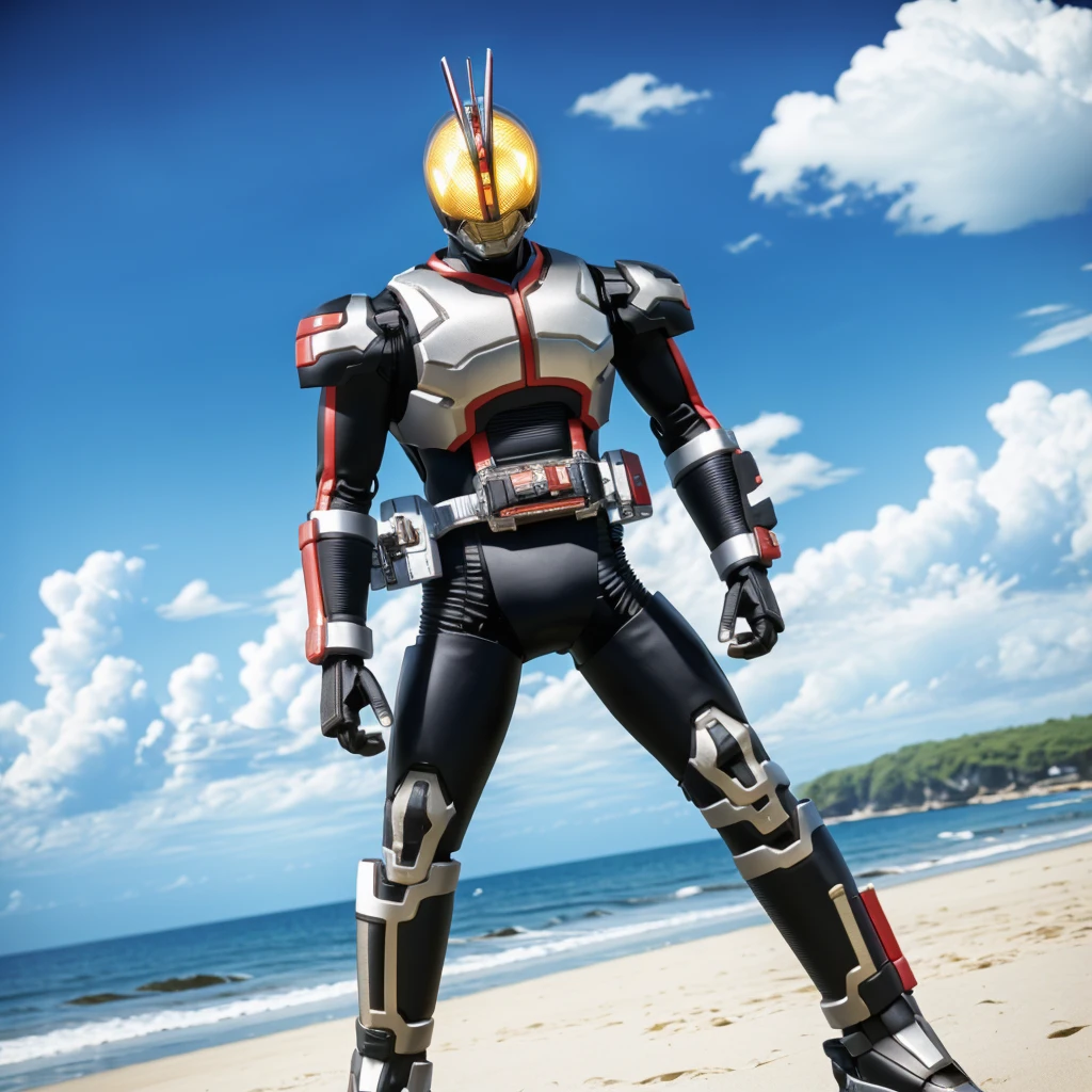 <lora:555Kamen Rider-000020:0.8>,faiz,male focus,solo,beach,