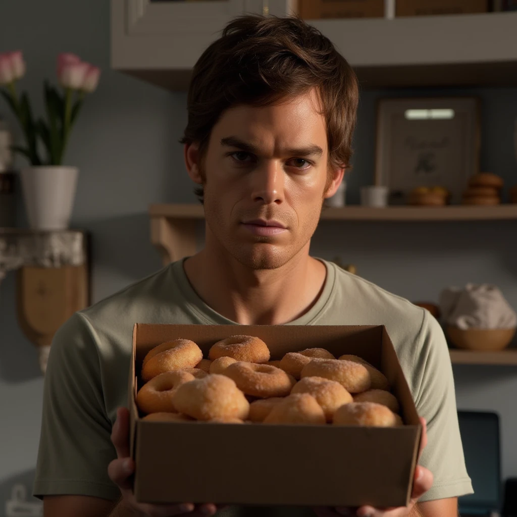 dextermorg, brown hair, 1boy, solo, male focus, realistic, highly detailed, skin texture, carrying a box of donuts
