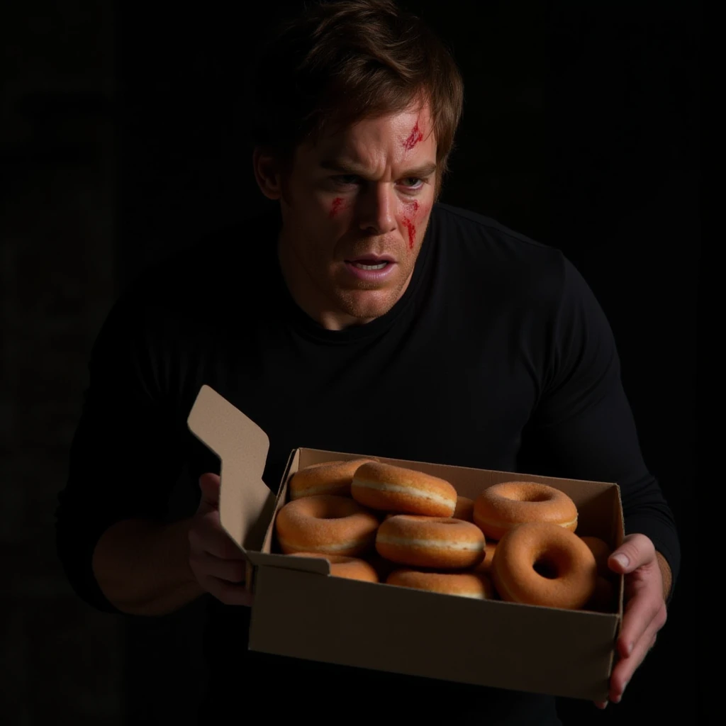 dextermorg, brown hair, 1boy, solo, male focus, realistic, highly detailed, skin texture, carrying a box of donuts, sinister smirk, blood splatter on face, shadowy background
