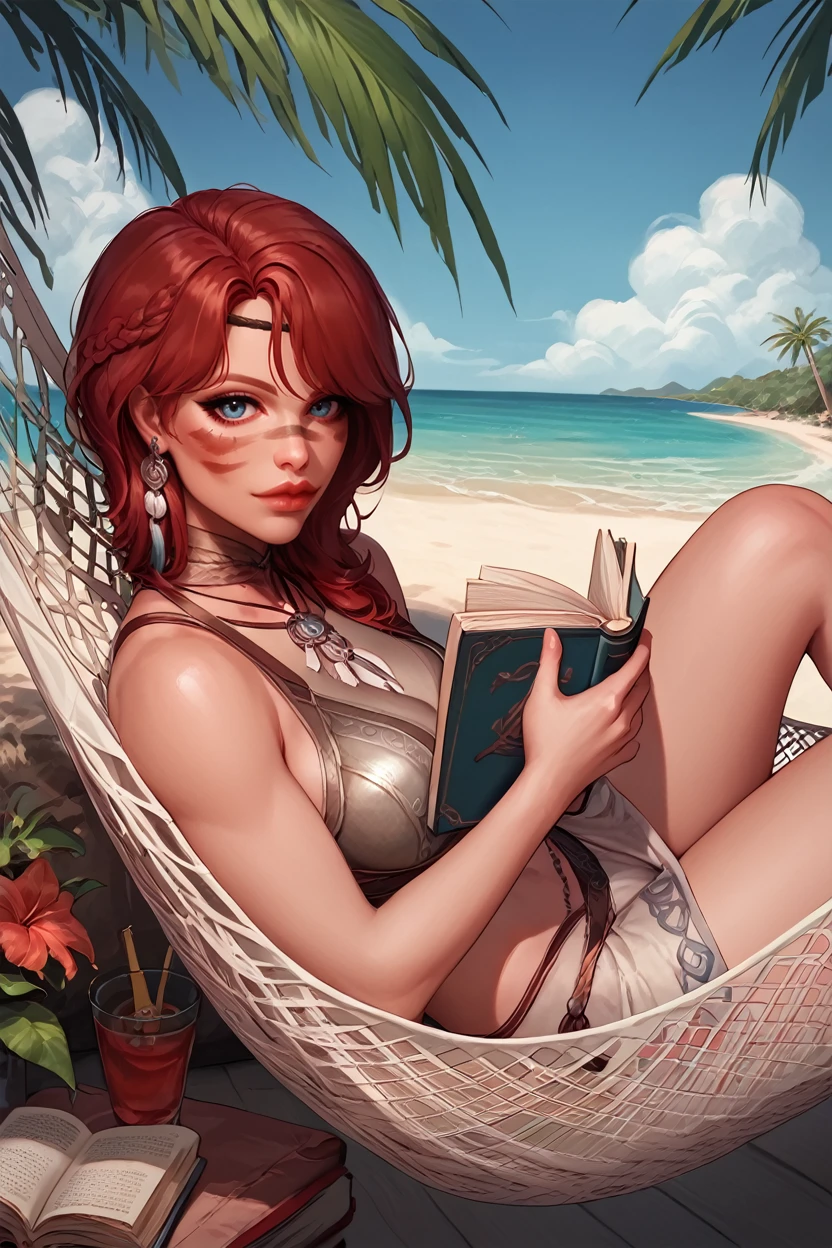 score_9, score_8_up, score_7_up
<lora:LADanika:1.0>
LADanika, 1girl, red hair, face paint, looking at viewer, laying in a hammock, reading a book, tropical beach with palm trees swaying, clear blue sky and ocean, tranquil and leisurely setting