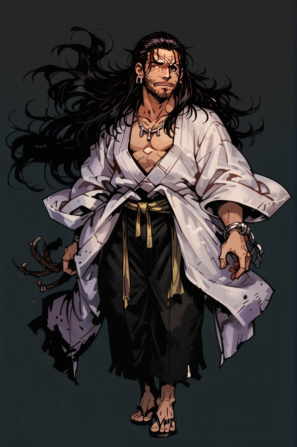 oda_nobunaga_\(drifters)\, facial hair, black hair, eyepatch, white kimono, black pants, sandals, japanese clothes, full body, black background, looking at viewer, <lora:oda_nobunaga-000019:0.85>, <lora:DarkestDungeon-Style:0.7>, score_9, score_8_up, score_7_up, score_6_up