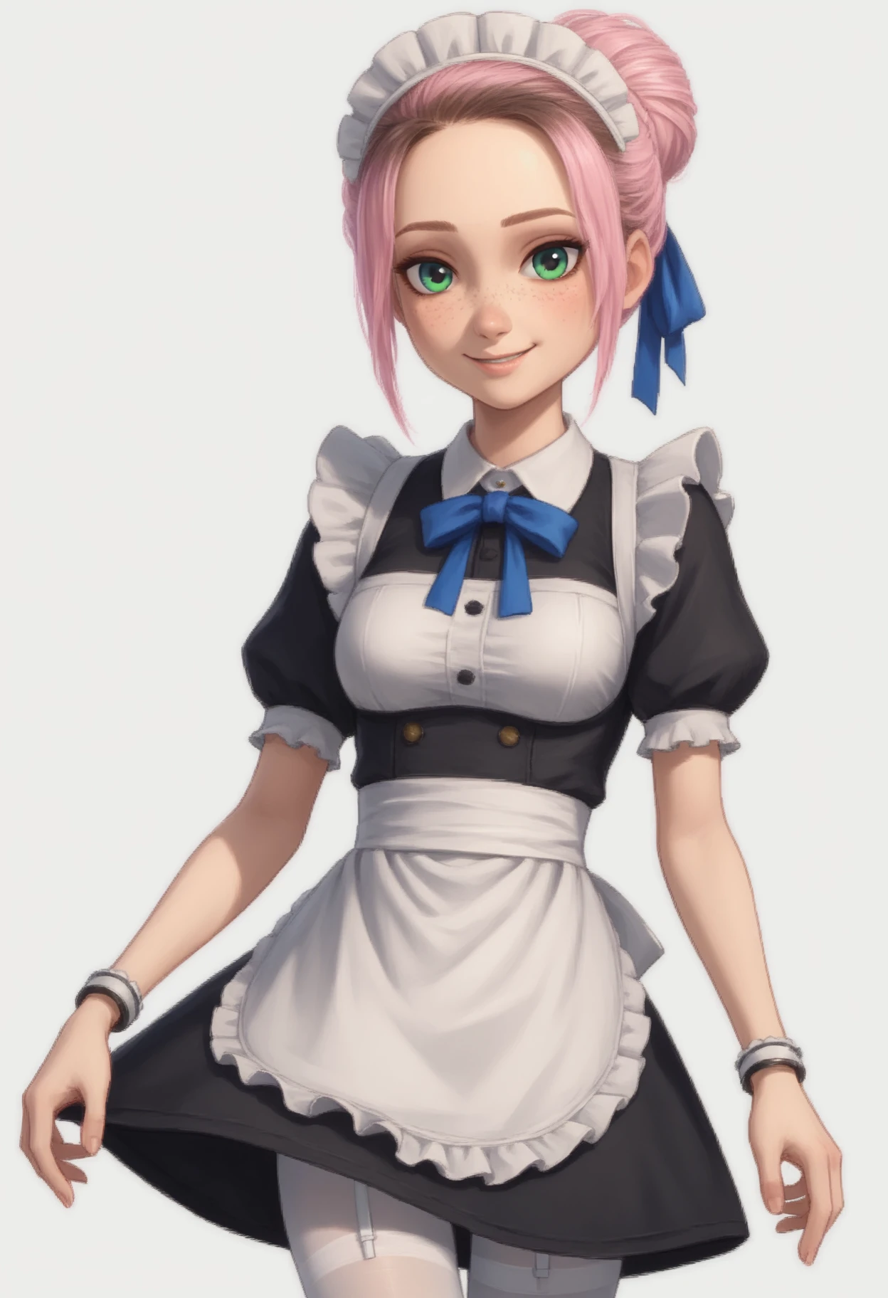 1girl, solo, Br00klynn, green eyes, freckles, pink hair, short hair, single hair bun, bracelet, maid, maid headdress, white apron, waist apron, detached sleeves, wide sleeves, detached collar, hair ribbon, blue ribbon, frilled sleeves, frills, white pantyhose, garter straps, <lora:Brooklynn - Camp Cretaceous-000010:1>,  looking at viewer, smile, score_9, score_8_up, score_7_up, cowboy shot, standing, white background, simple background,