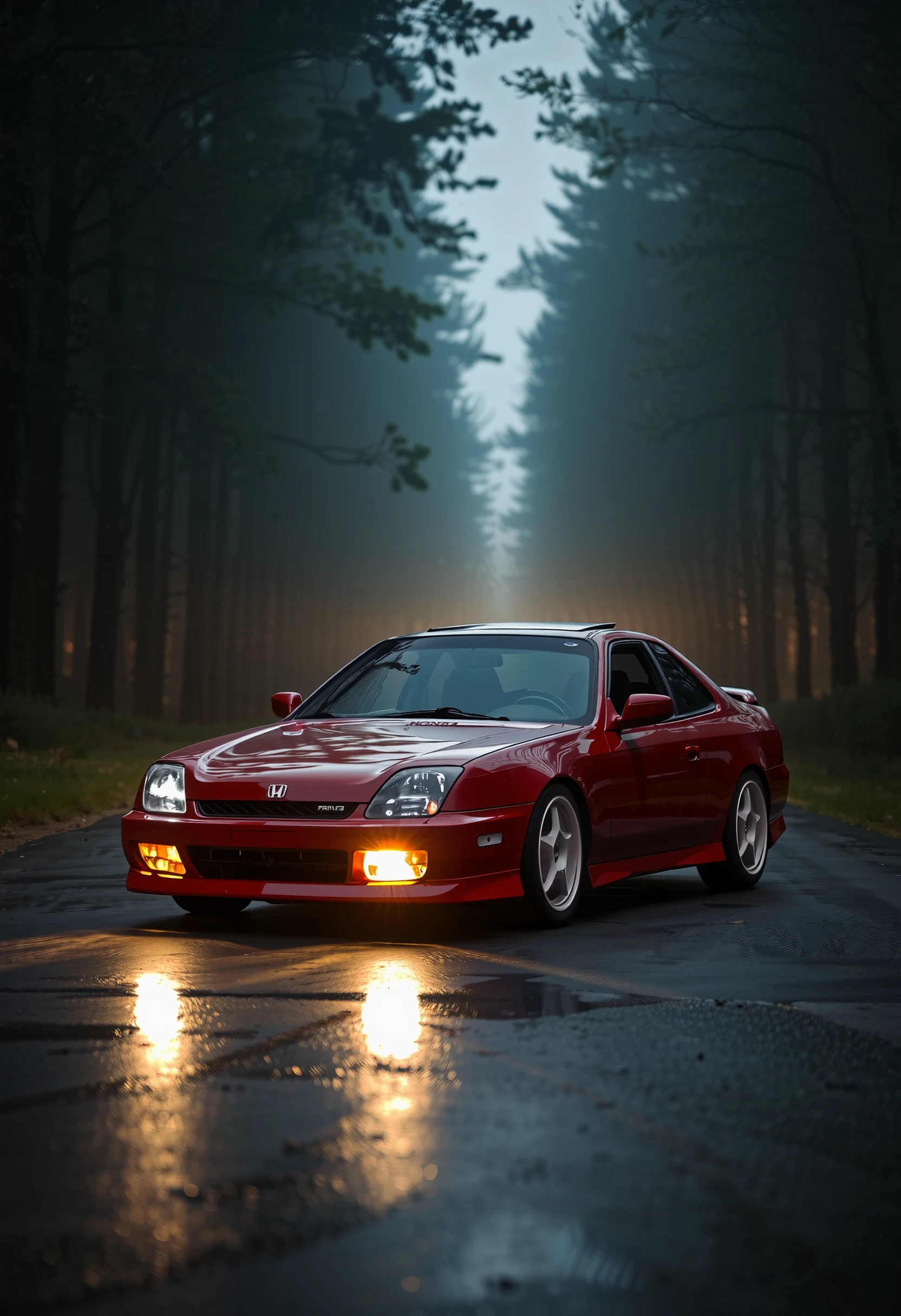 A photograh of a Honda Prelude, red car, 5 spoke wheels, sunroof up, roof spoiler, forest road, puddles, evening, yellow fog lights piercing the light fog, low angle shot, reflections, hyperrealistic, 8k