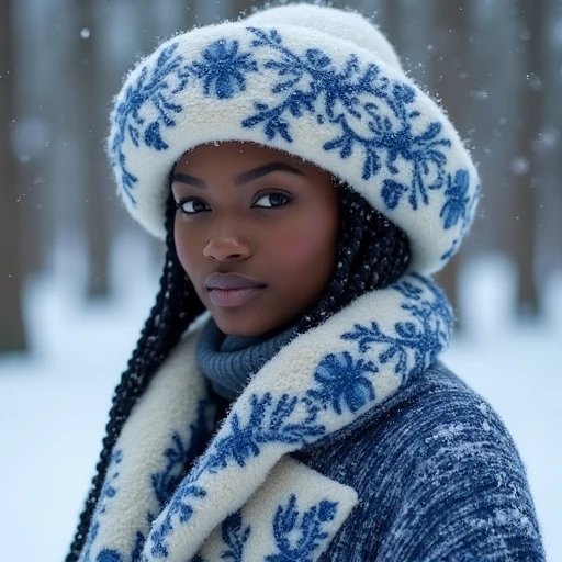 dark skin female, blue gzhel print on white kokoshnik headdress, winter wool based coat, winter forest, outdoors, falling down snow, intricate details, professional photography