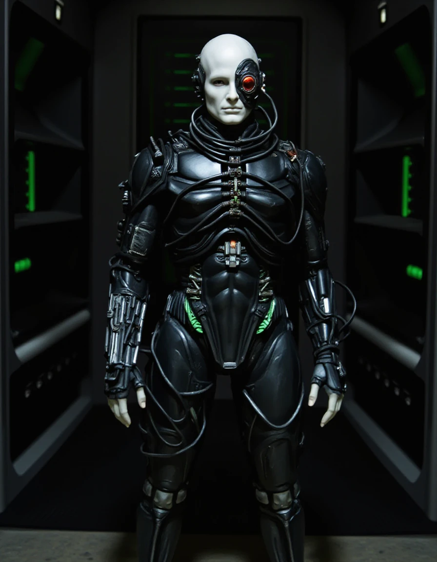 hyper realistic Borg standing in a dimly lit environment, exuding a blend of cold precision and relentless purpose. Their pale skin is almost entirely covered in dark metallic implants and tubes, with glowing green lights embedded across their body. A single red laser eye dominates their face, scanning with an expressionless gaze. The left arm is a fully cybernetic limb, equipped with various tools and weapons, while the other arm retains a haunting remnant of its original human form. The figure stands tall and rigid, surrounded by shadowy machinery and the faint glow of green energy conduits, emphasizing their assimilation into the collective. The overall aesthetic is a fusion of advanced technology and dystopian horror, with a focus on sharp details and eerie lighting <lora:borg_v1:0.8>