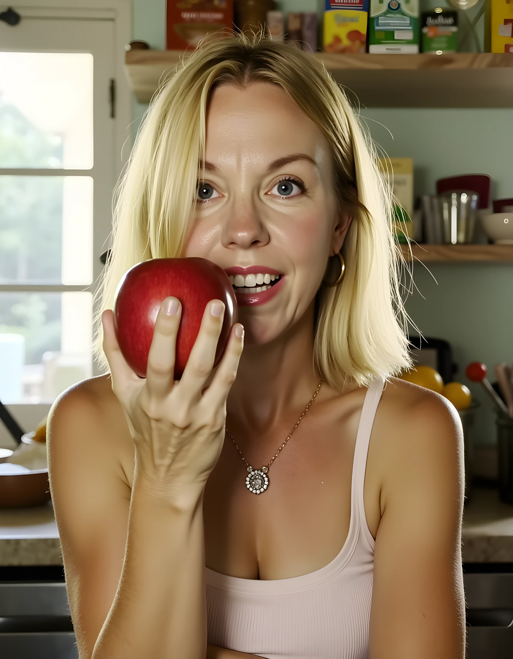 Chiara Ferragni baking an apple pie completely naked and smiling