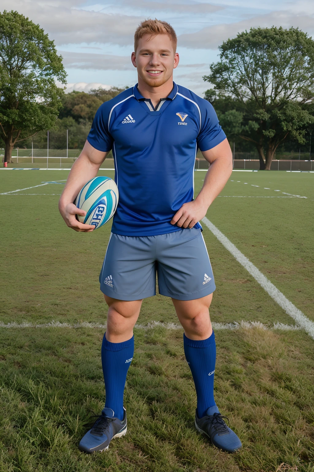 (grass rugby field), smiling, strawberry blonde hair, OwenMichaels, wearing blue and gray rugby uniform, blue jersey with gray trim, blue shorts, gray socks, black sneakers, holding a rugby ball, (((full body portrait))), wide angle   <lora:OwenMichaels:0.8>