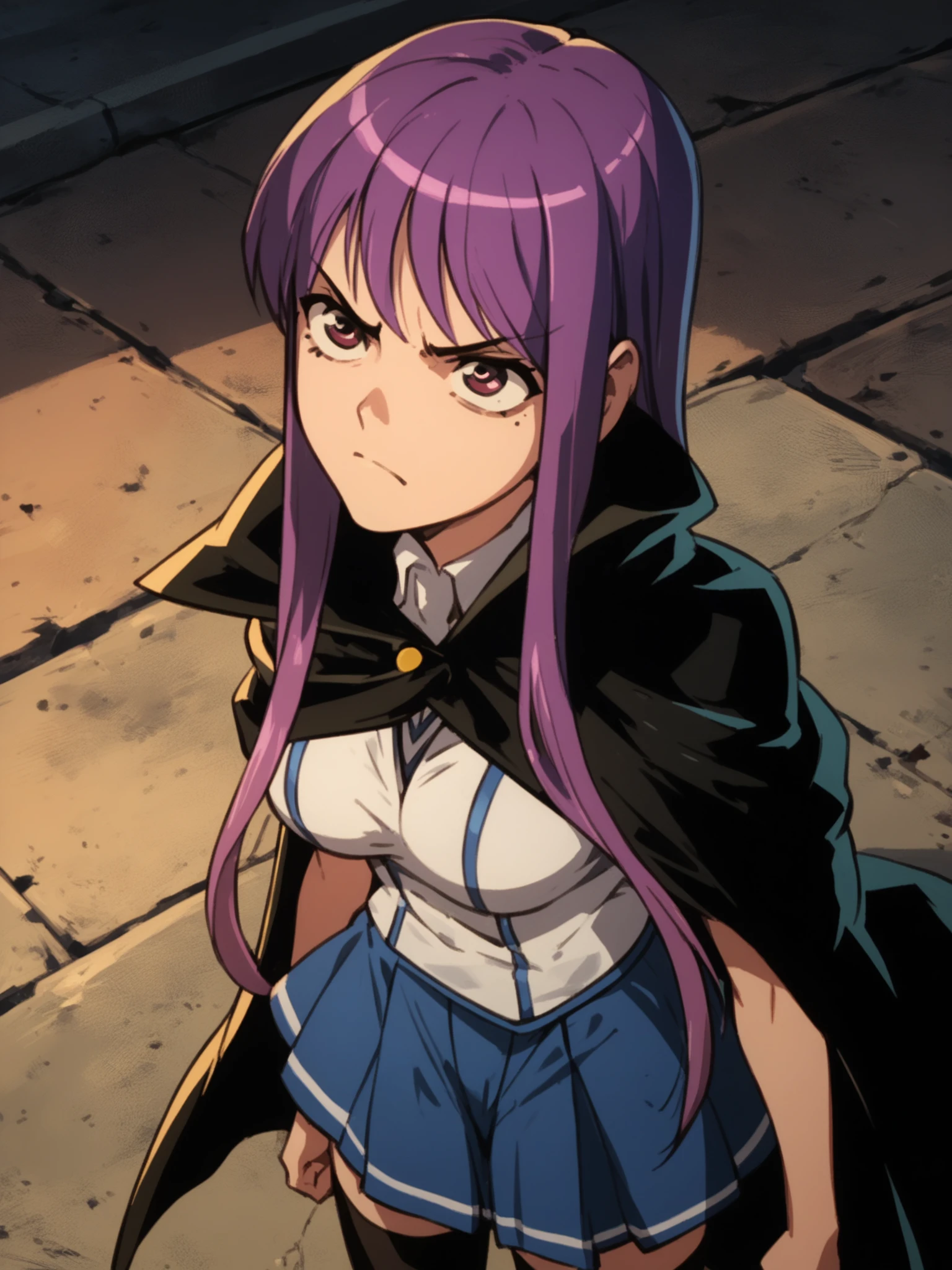 <lora:happy_tentacle-fujiko-v0.2-000030:1>, ht_fujiko, school uniform, black cape, blue skirt, black thighhighs , 1girl, solo, upper body , , ( disgust :1.1), , looking up , , facing viewer , score_9, score_8_up, score_7_up, score_6_up, score_5_up, score_4_up