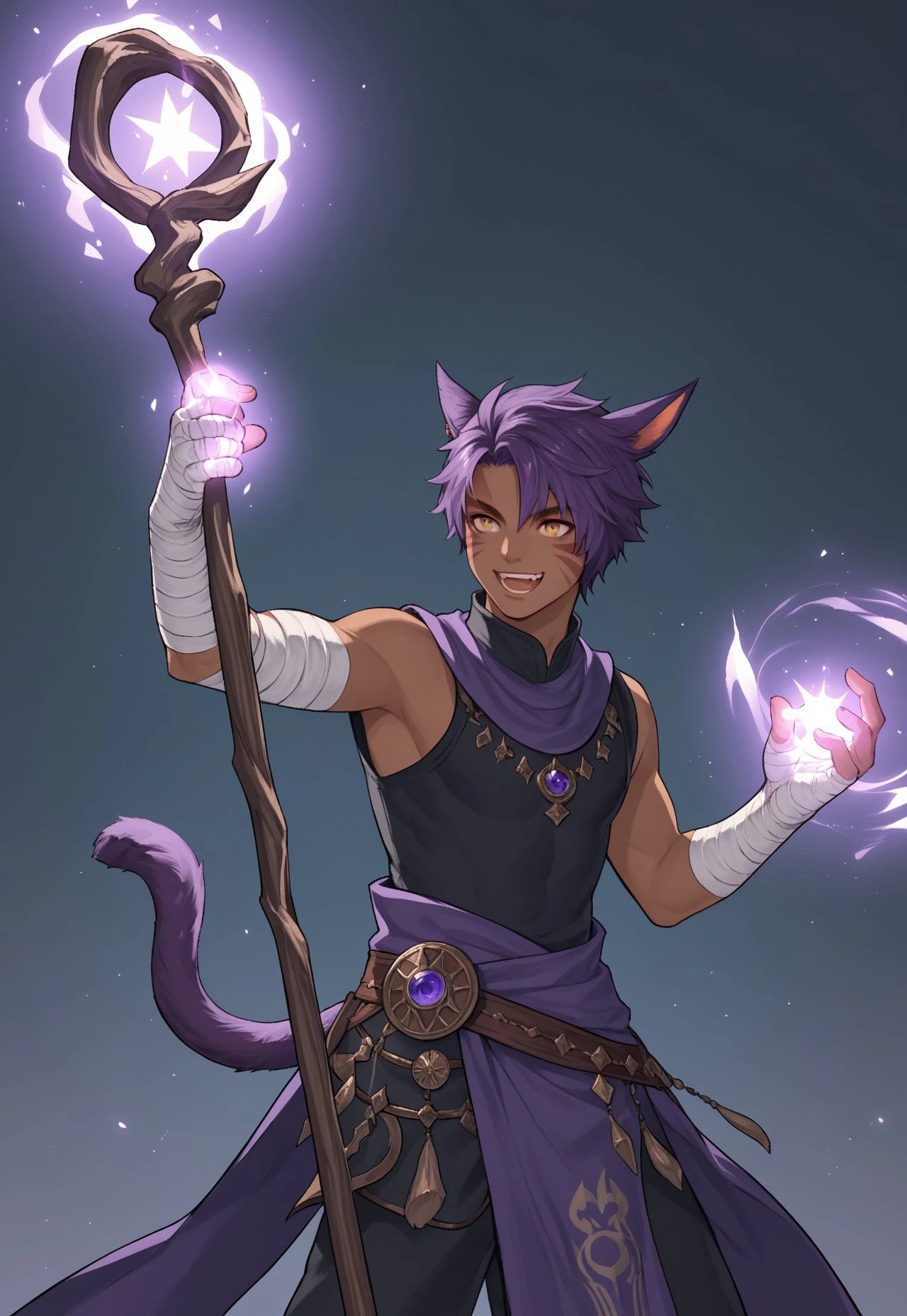 dt_xiv_style, miqo'te, solo, animal ears, tail, cat ears, facial mark, dark skin, staff, purple hair, cat tail, jewelry, bandaged arm, open mouth, 1boy, male focus, magic, holding staff, bandages, short hair, smile, score_9, score_8_up, score_7_up, score_6_up, score_5_up, score_4_up,