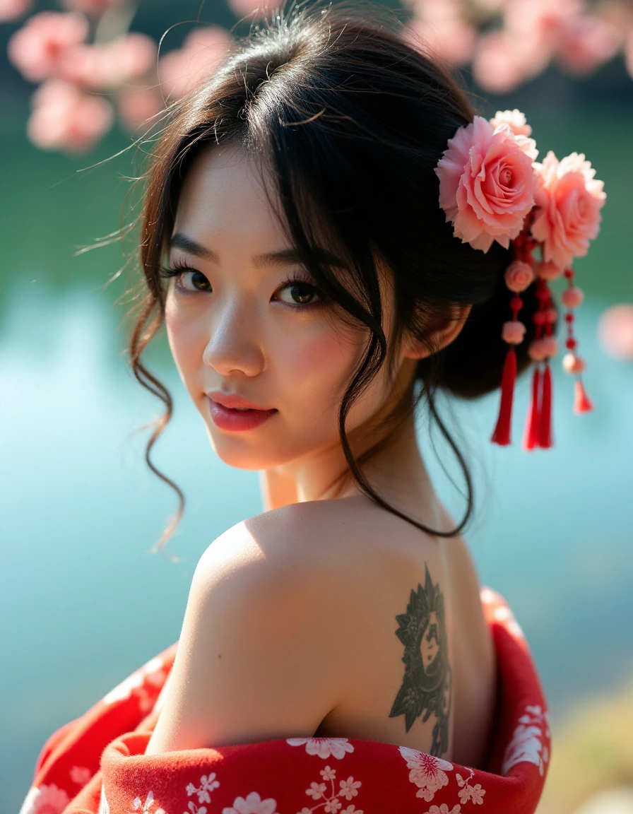 Japanese woman, floral kimono, exposed shoulders, from behind, beautiful face, thick eyelashes, glossy eyes, black hair, (cute smile), dark eyeshadow, shoulders tattoos, back tattoos, floral decoration in hair, falling petals, beautifully backlit, wideshot, lake background,photo, raw,realistic