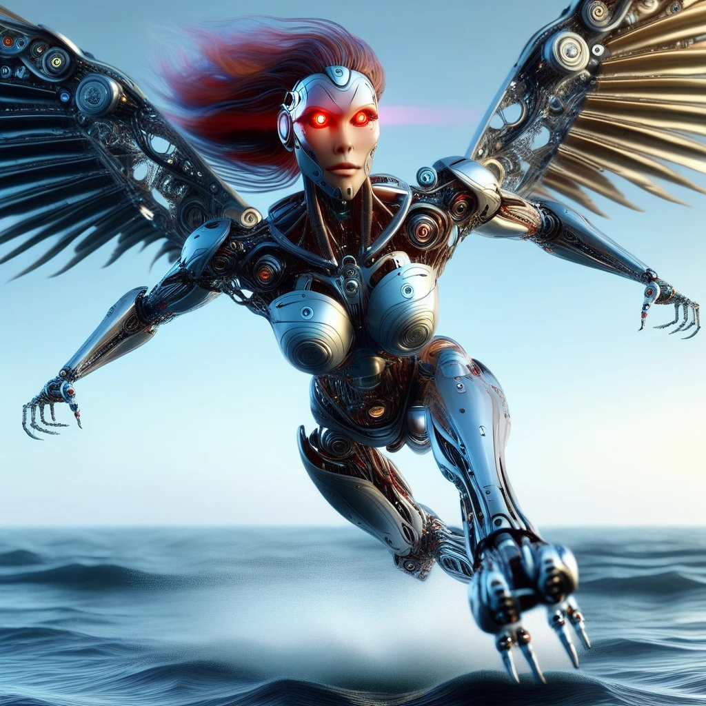 humanoid robot, 1girl, in mid-flight with mechanical wings outstretched, intricate wings designed with interlocking metallic feathers, robot joints visible throughout, full body view, realistic mechanical parts and details, solo figure, long flowing brown hair, strands flying back with the motion, glowing red eyes emitting a focused light, defined nose and lips, neutral facial expression, subtle glowing effect from facial plates, clearly defined breasts with mechanical detailing, mechanical arms extended outward, multiple hands with fingers spread, showcasing the complexity of mechanical fingers, powerful mechanical legs bent as if ready to land, mechanical feet without shoes, standing barefoot on the surface of the ocean, water splashing around from the impact, set against a backdrop of the open ocean, dramatic cloud formations in the sky, the setting sun casting a warm glow over the scene, blending advanced robotics with natural beauty, emphasizing the contrast between technology and nature, highlighting the elegance and power of the robotic figure