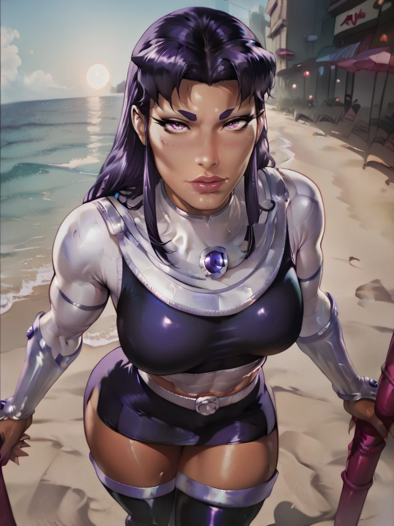 score_9, score_8_up, score_7_up, high quality, masterpiece, Blackfire, 1girl, purple hair, purple eyes, bodysuit, black crop top, bracers, muscular, skirt, thigh highs, belt, long sleeves, thighhighs, looking at viewer,  dark skin, dark-skinned female, lips, thick eyebrows, thick thighs, makeup, miniskirt, sunset, beach
 <lora:Blackfire-70reps:1> <lora:GBLycoXLV2:1>