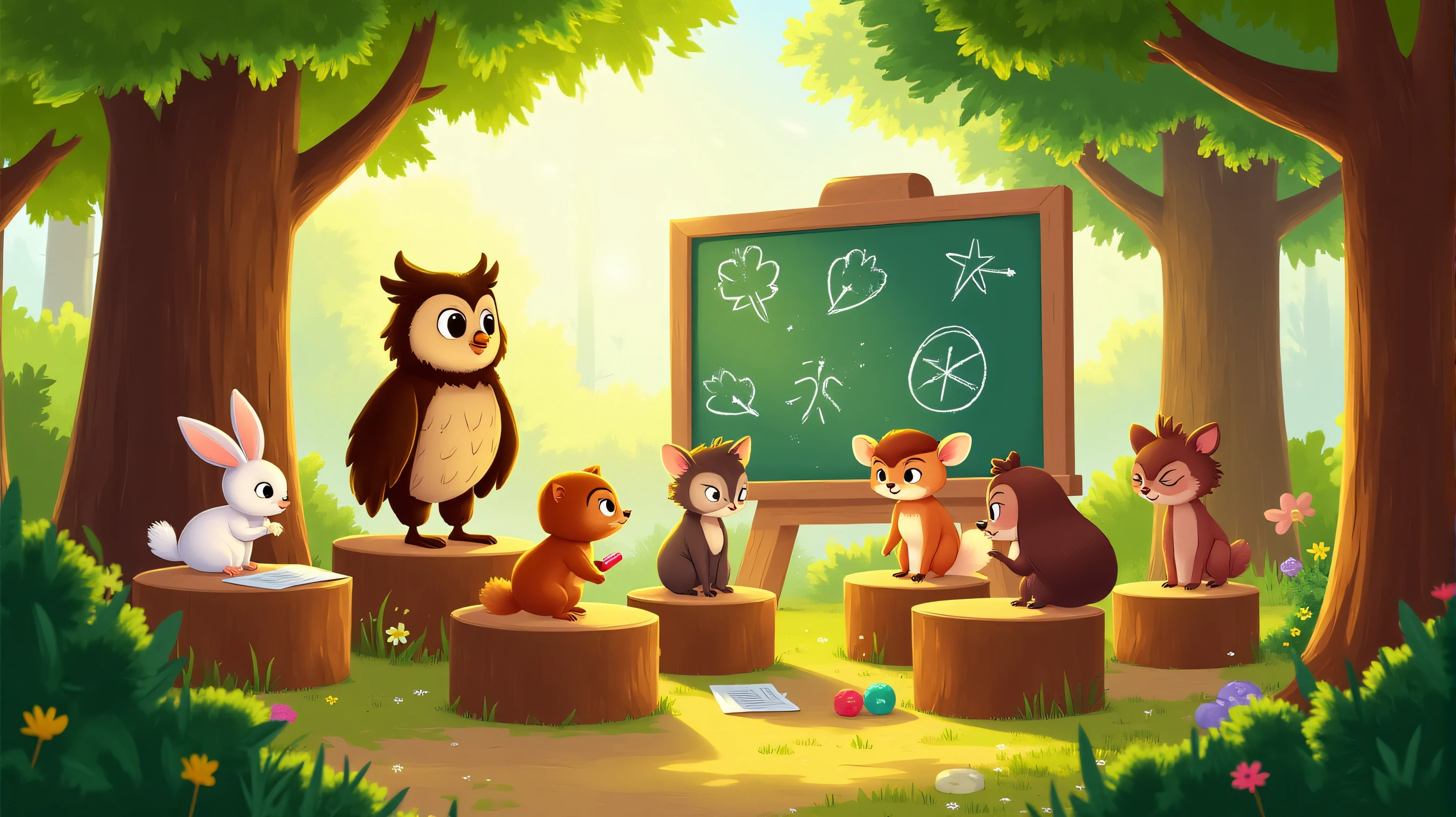 A wise owl stands at the front of a cozy, woodland classroom, perched on a small wooden stool. The owl is facing a group of attentive animal students seated on tree stumps arranged in a semi-circle around the owl. Each student is a different forest animal, like a rabbit, a squirrel, and a hedgehog, all with eager expressions. Behind the owl, there is a large chalkboard with simple drawings of trees and stars, and a few pieces of chalk rest on a small ledge beneath the board. The classroom is set outdoors, surrounded by tall trees with green leaves, and soft sunlight filters through the branches, casting a warm, gentle glow over the scene. In the background, a few colorful flowers and bushes add to the peaceful, natural setting.