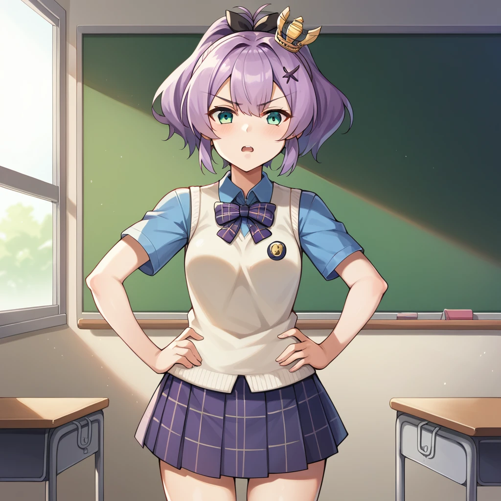 score_9_up, score_8_up, score_7_up, source_anime, masterpiece, best quality, 1girl, solo, Javel_Azur, Jav_Uniform, sun light, classroom, standing, hands on hip, annoyed, looking at you, half-opened mouth, javelin (azur lane), purple hair, green eyes, ponytail, hairclip, mini crown, black ribbon, vest, blue shirt, collared shirt, plaid bow, purple bowtie, short sleeves, plaid skirt, pleated skirt, purple skirt, dynamic cowboy shot, indoors, classroom background