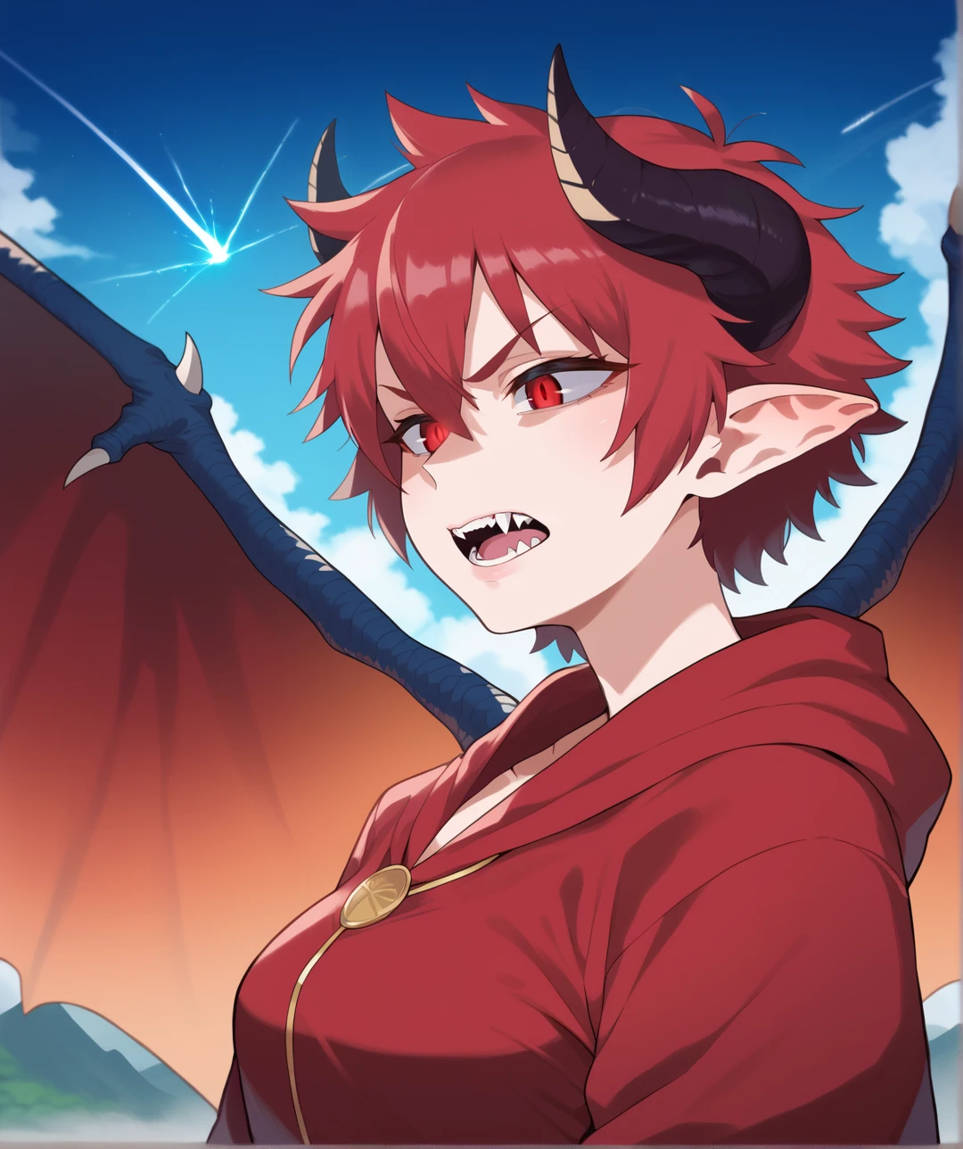 score_9, score_8_up, score_7_up, score_6_up, source_anime,outdoors,volcano,meteor shower,
BREAK
1girl, dragon girl, dragon horns, dragon wings, pointy ears, red robe,red eyes, red hair, short hair, messy hair, standing, upper body,glowing eyes, fangs, meteor shower,
<lora:mugiotoko2:0.8>