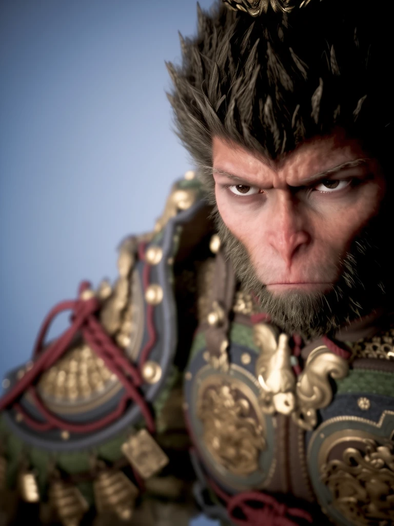 wukong, This image is a highly detailed CGI rendering of a humanoid monkey with a human-like face and a prominent, bushy mane of gray hair. The monkey's face is serious and stern, with a slightly furrowed brow and a focused, penetrating gaze. The monkey's skin is a light pinkish color, with a slightly rough texture, and its facial features are finely detailed, showing individual hairs and pores. 
The monkey is dressed in elaborate, ornate armor. The armor is primarily dark blue with intricate gold and green accents, including a large, ornate chest piece adorned with a golden emblem resembling a dragon or mythical creature. The chest piece is connected to a thick, red cord that hangs down the front, adding a touch of color contrast. The armor is also adorned with small, golden circular decorations and intricate patterns, giving it a regal and historical appearance.
In the background, the sky is a muted, overcast gray, suggesting a stormy or twilight atmosphere <lora:wukong:1>