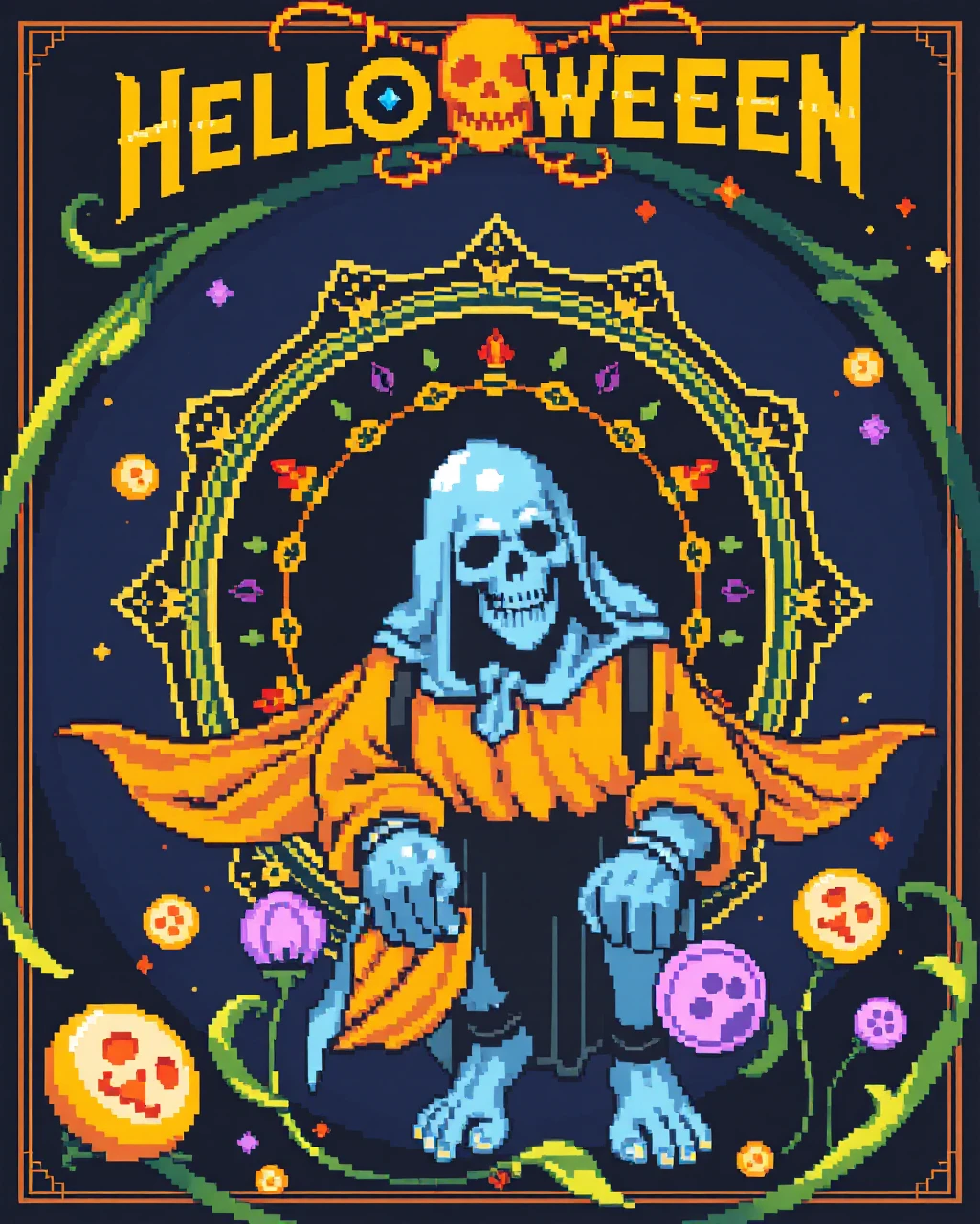 a psychedelic and trippy 

an pixel art album cover written "Helloween"

trippy_pa style