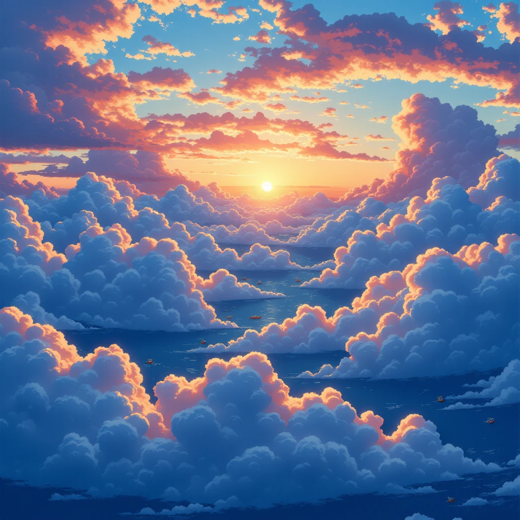 Ocean of Clouds: A vast sea of fluffy clouds with ships sailing through them as if they were waves. The sunset casts warm, golden hues across the scene, blending with the cooler blues of the clouds. in the v1v1d34m style,<lora:v1v1dr34m:1>,