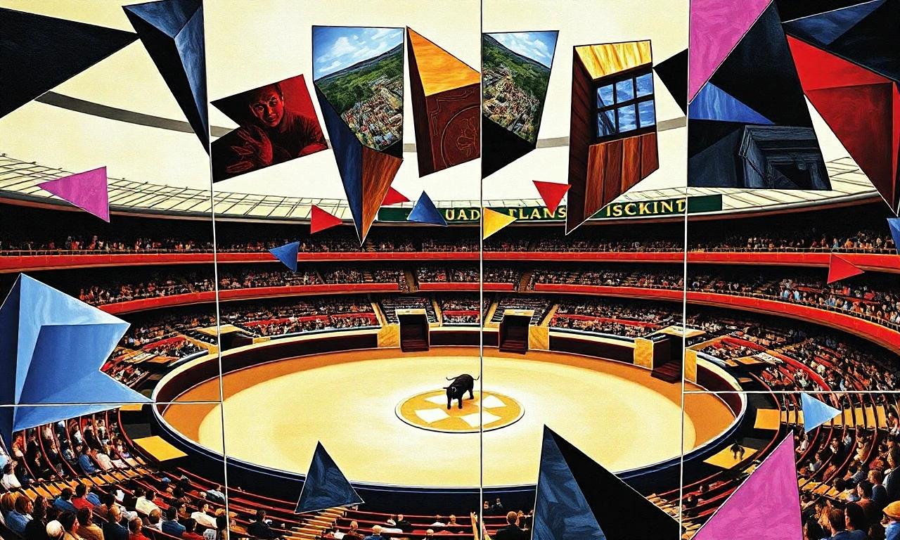 Splintered view of a bullfight arena art in cub1sm style,<lora:cub1sm:1>,geometric forms,flattened space,muted tones,cubism,shattered,fractured,