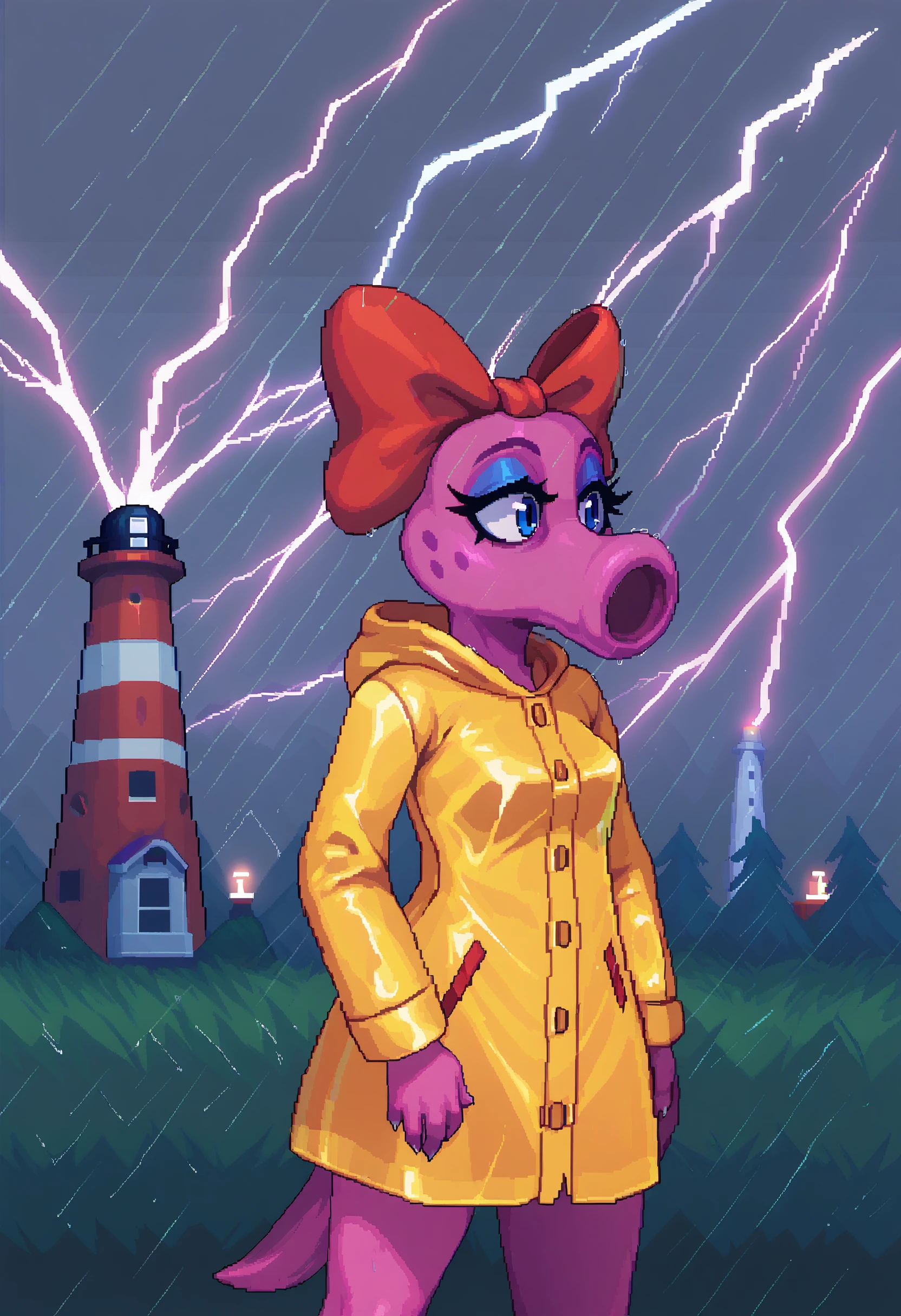 score_9, score_7_up, <lora:birdo-guy-PONY-LyCORIScr-v1:.95>, 1girl, solo, birdo, furry female, hair bow, makeup, pink skin, two-tone skin, raincoat, portrait, pixel art, rain, lighthouse, dock, lightning, storm