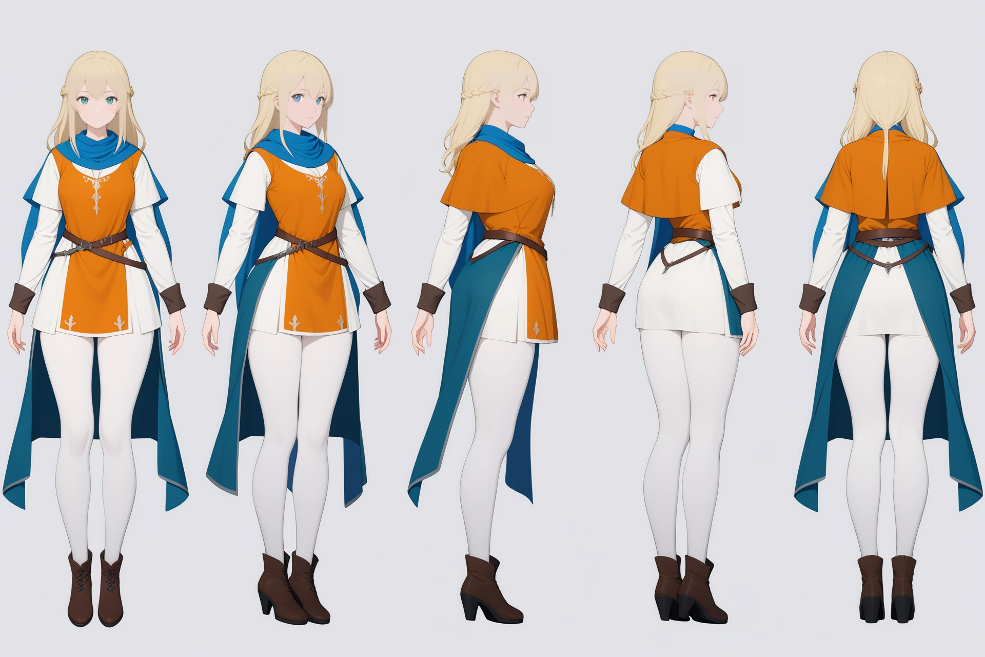 (VIEWS:0),  full body character turnaround of 1girl, Multiple views of the same character in the same outfit,  simple background, white background,
(theme:0),  medieval, fantasy, Dungeon And Dragon, curving body, slim,
(rank:0),female, medieval attire, fantasy costume, long blond hair, blue shawl, orange tunic, white leggings, brown boots, brown belt, long sleeves, anime style, adventure-ready, detailed outfit, sleeve cuffs, knee-high boots, layered clothing, 
<lora:bg3TurnXL_v1_pony:0.1>
<lora:Witcher3turn_v1_Pony:0.1>
<lora:medieval2turn_v1_Pony:0.6>
<lora:CharTurnXL_v4_Pony:0.1>
<lora:bg3TurnXL_v1:0.1>
<lora:Witcher3TurnXL_v1:0.1>
<lora:Medieval2TurnXL_v1:0.1>
<lora:CharTurnXLRetag_v4:0.1>