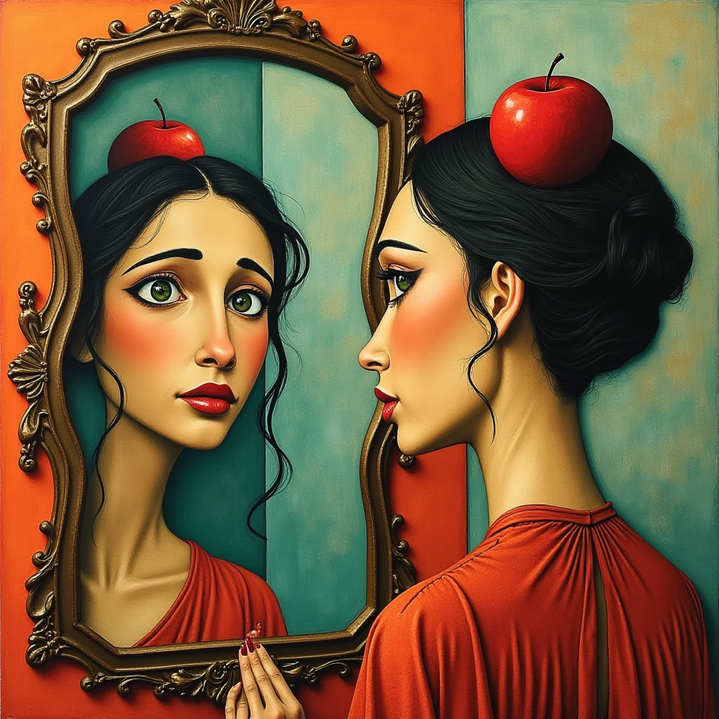 Abstract Surrealist cubist painting depicting a woman with green eyes and a red apple on her head looking at herself in the mirror. <lora:Naomi_Scott_FLUX_v1-000031:1>