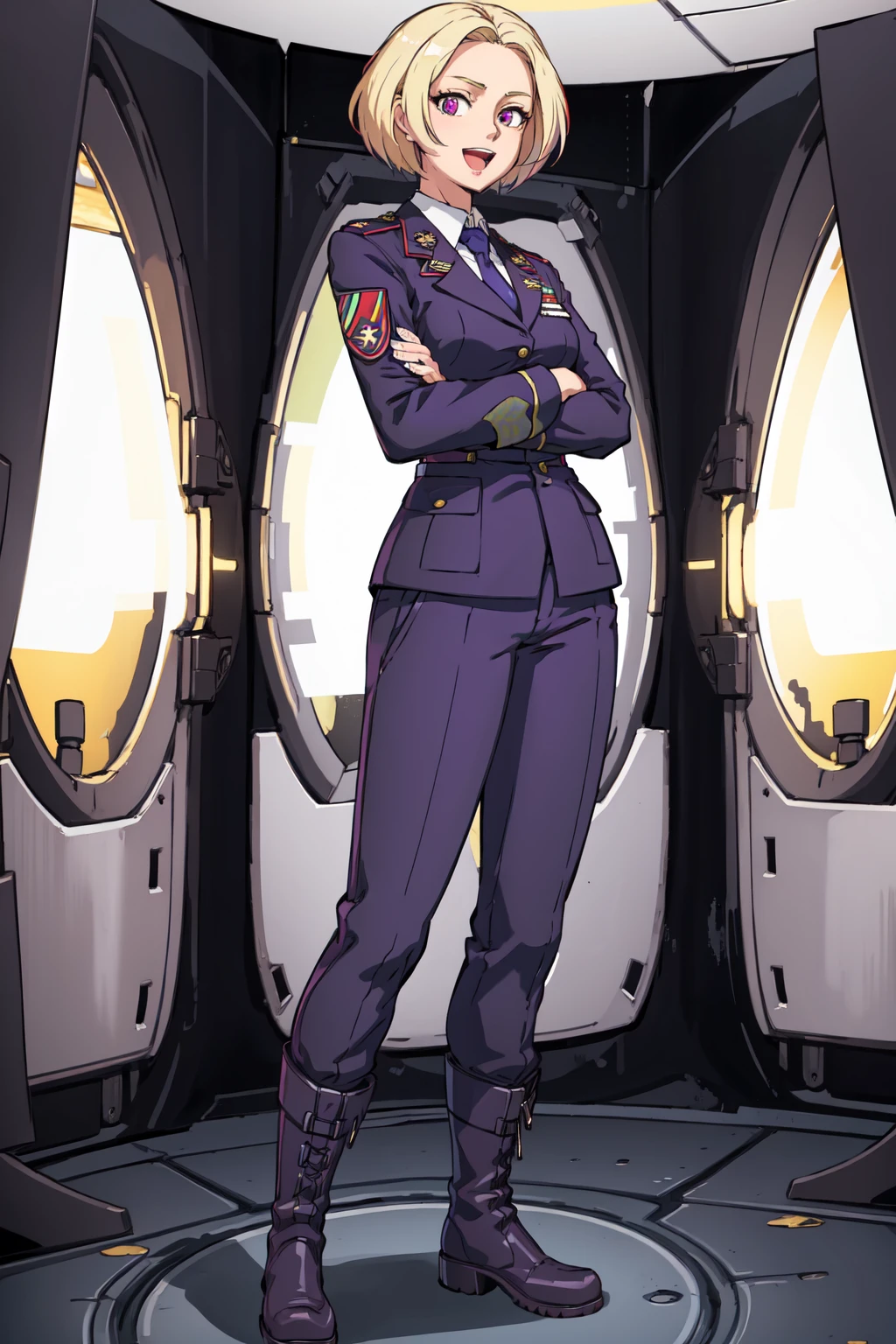 1girl,alexanderzh, <lora:AlexanderZH:0.6>,purple eyes,standing,full body,crossed arms,facing viewer,medium breasts,military uniform,blonde hair,short hair,happy,:d,pants,boots,medal,necktie,straight on,indoors,underground,control room,solo:1.1