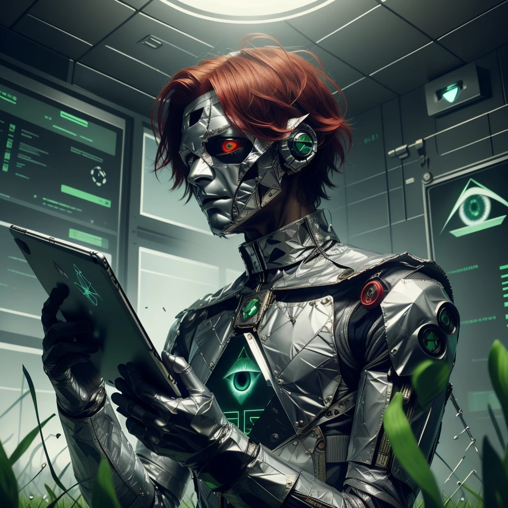 <lora:ConspiracyTech:0.9>, conspiracytech,  scifi,  occult , illuminati, eerie , foil,
1boy,man , holding,upper body, red hair, grassy fields , short hair, turtleneck suite , coat , holding a tablet , indoors, red eyes,