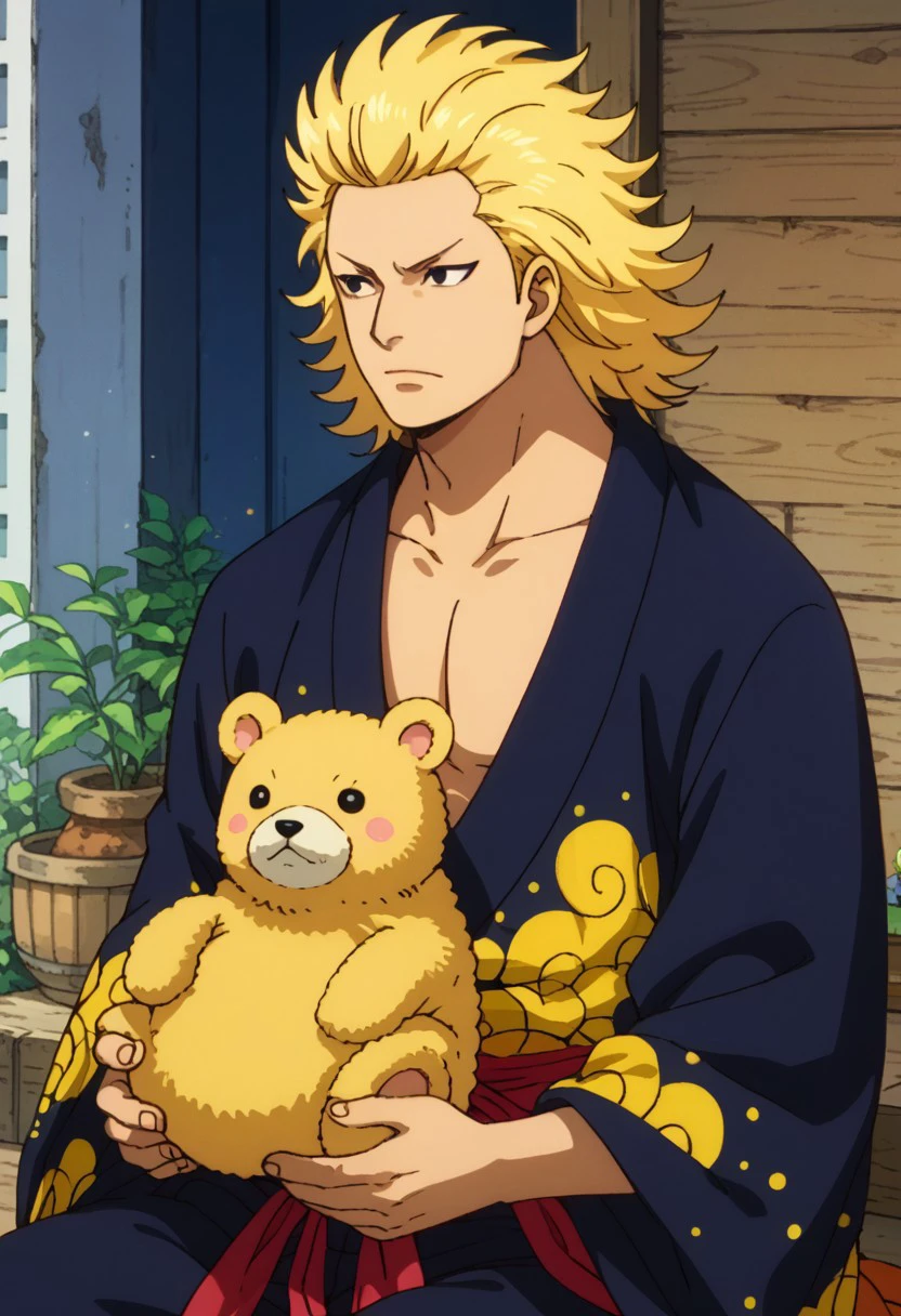 score_9, score_8_up, score_7_up, source_anime, rating_safe, KinOP, blonde_Kin_hair, black eyes, 1boy, male focus, anime screencap, holding animal, blue-yellow_Kin_yukata, red cloth belt, sitting,