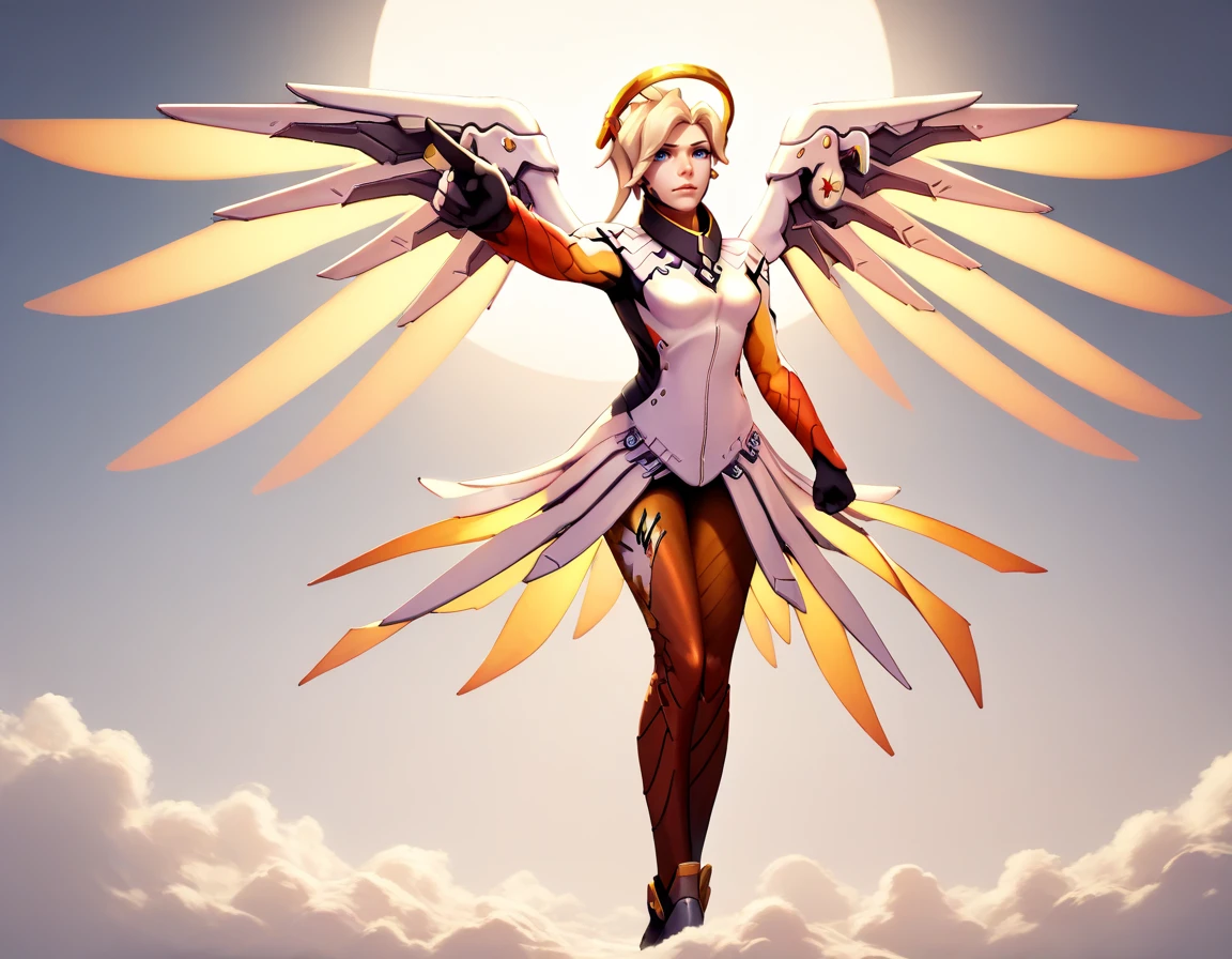 <lora:Objection_Pose_-_Pony:1> zpdxl2, (pwobjection:1.2), rating_safe, 1girl, solo, mercy_\(overwatch\), heavenly background, standing on clouds, pastel