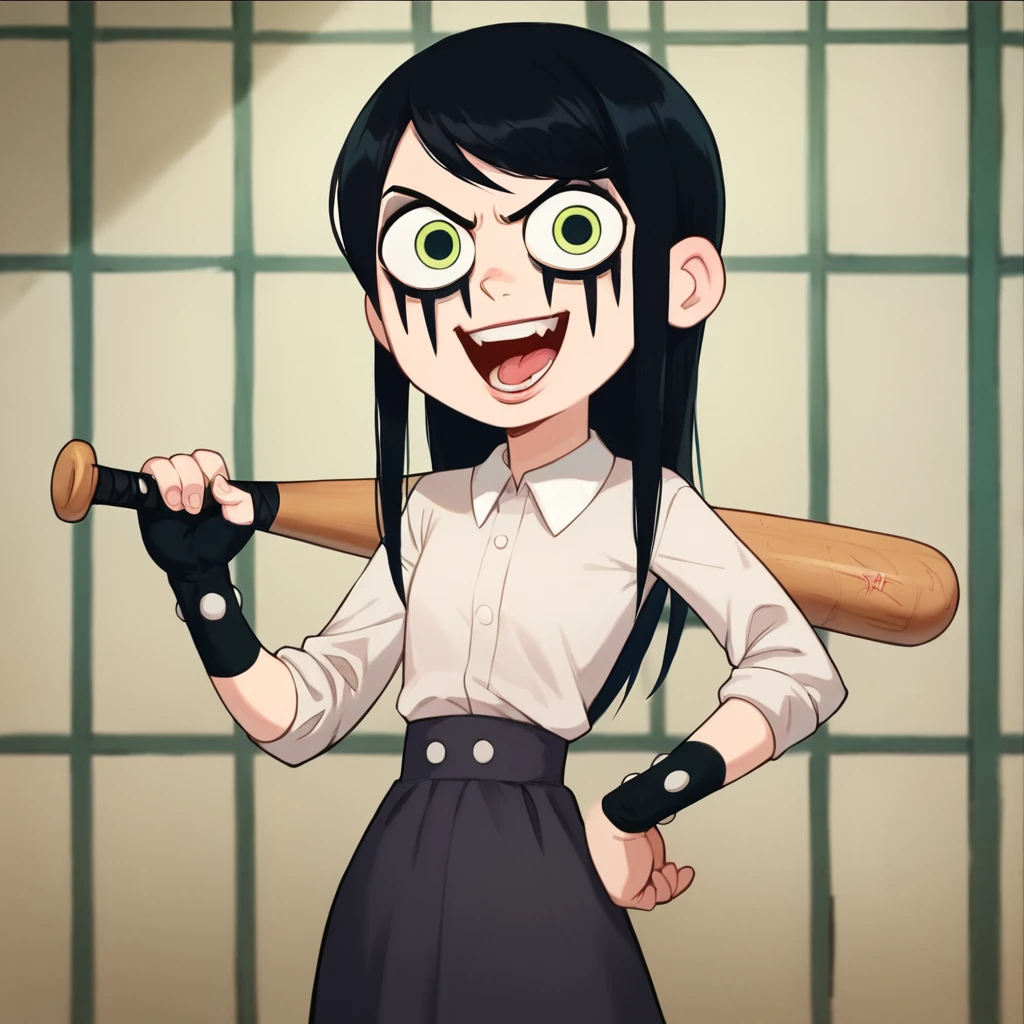 score_9, score_8_up, score_7_up, 1girl, black hair, long hair, green eyes, eyeliner, flat chest, narrow waist, looking at viewer, holding weapon, baseball bat, crazy eyes, highres, high quality, masterpiece, <lora:Dylan_Beekler:1>