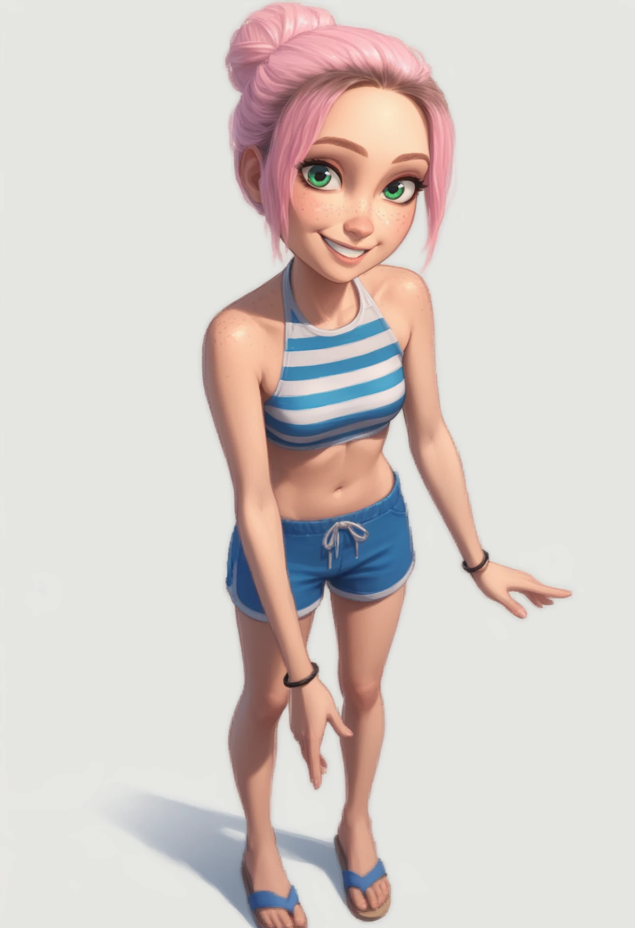 1girl, solo, Br00klynn, green eyes, freckles, pink hair, short hair, single hair bun, bracelet, tankini, striped bikini, blue shorts, sandals, <lora:Brooklynn - Camp Cretaceous-000010:1>,  looking at viewer, smile, score_9, score_8_up, score_7_up, cowboy shot, standing, white background, simple background,