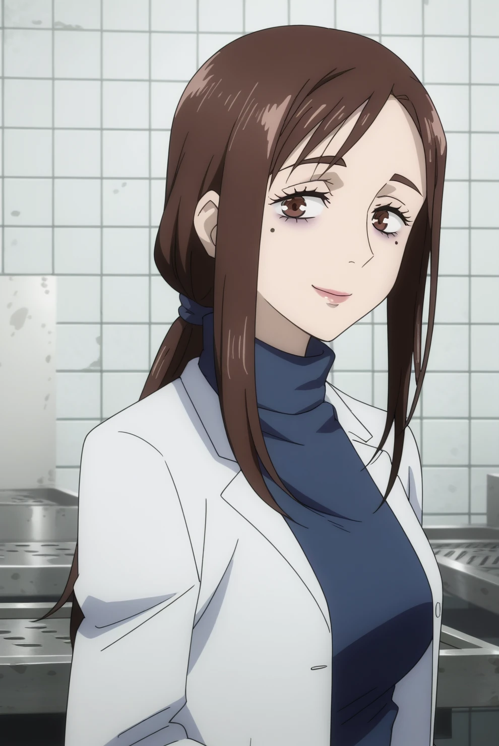 shoko eiri,anime screencap,1girl,solo,mature,mole under eye,lab,bags under eye,labcoat,makeup,turtle neck,smile,looking at viewer <lora:Shoko Eiri - PDXL2.safetensors:0.8>