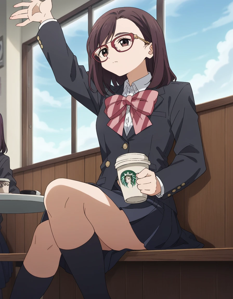 score_9, score_8_up, score_7_up, source_anime, <lora:tomono-kojou-s1-ponyxl-lora-nochekaiser:1>, tomono kojou, brown hair, brown eyes, glasses, medium hair, red-framed eyewear,, skirt, long sleeves, school uniform, jacket, socks, black skirt, , black jacket, kneehighs, blazer, black socks, bow, bowtie, stripped, stripped bowtie,, cafe, coffee cup, barista, sitting down, talking, relaxing, sunlight through window, , , arm outstretched, hand on hip, knee up, solo,, cowboy shot, dutch angle