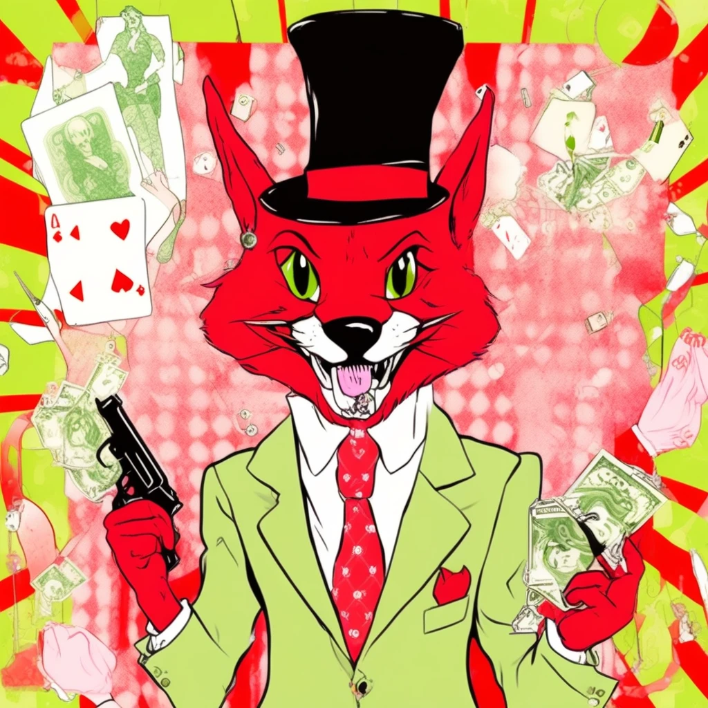 amputated, birthday party, holding gun, trail, a red wolf with a long tongue hanging out wearing a top hat and leisure suit. there are vice motifs in the manga-inspired background including a woman in a bikini dice a martini cash and card suits., severed bunny head, housewife, cigarette, green shirt, creature, australia, innocent, checkered flag, puppet