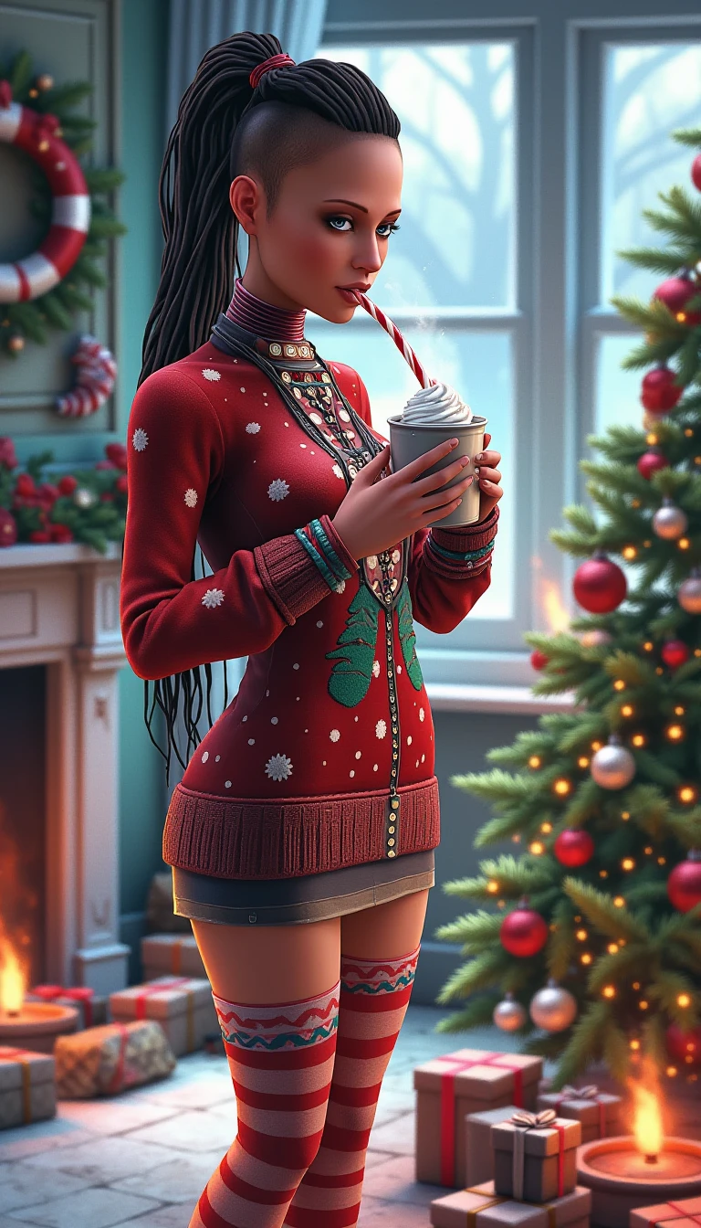 citratalugmai woman wearing a christmas sweater and thigh high socks that are striped in red and white like a candy cane, sucking on a candy cane and holding a steaming cup of hot coco with white whipped cream on top of it, while standing next to a cozy fire and a christmas tree with many presents in front of it, in a room completely covered in christmas decorations, 3/4 shot