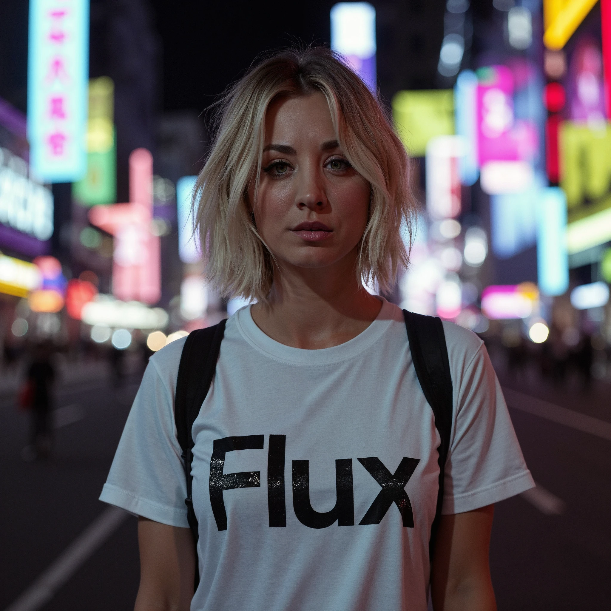 Create a detailed, close-up portrait of k4ycuoco standing on a city street at night. Her Blonde hair is styled in a messy bob. The background should be filled with vibrant neon lights and signs, casting a colorful glow on the surroundings. She is wearing a white short-sleeved t-shirt with the word 'Flux' written across the chest in bold, black letters. The focus of the image should be on her face and upper torso, with the bright neon lights and signs of the city reflected in her eyes and the subtle shine of the fabric of her shirt. The overall atmosphere should be gritty and urban, with a sense of excitement and anticipation in the air <lora:flux_realism_lora><lora:KaleyCuocoFlux_V1>