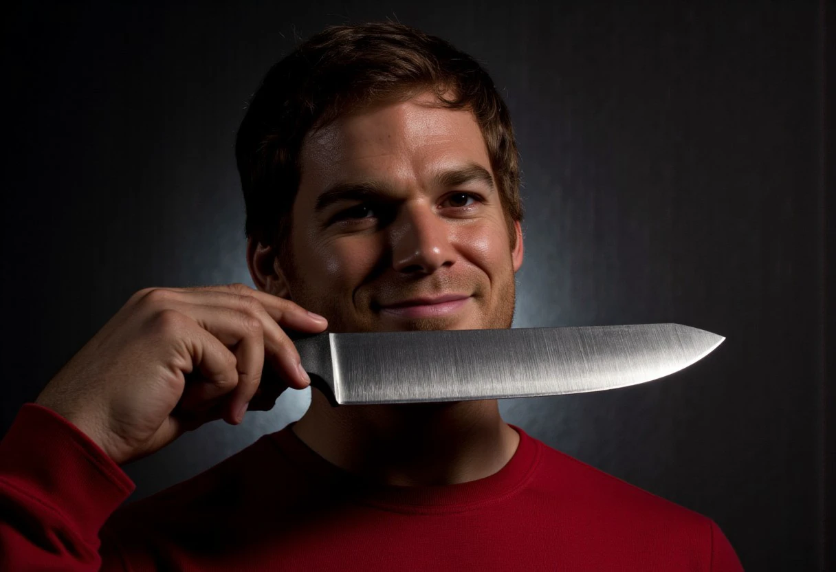 dextermorg, red shirt, holding knife, gradient black and grey background, blood splatter, smirk,  , reflective sunlight, detailerlora, man, male focus