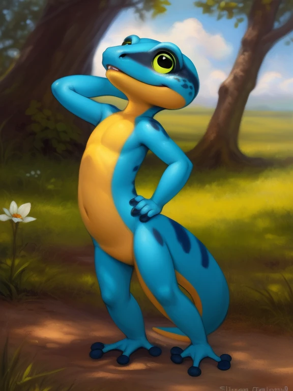 <lora:HodariGecYif:0.8> HodariGec, gecko,  blue body, green sclera, black eyes, green sclera, black eyes, yellow belly, chibi,
(solo focus), Looks at the viewer,  ((Hands on hips, standing,hand behind head,))
[ large window, (nature), forest, grass, day shining, clouds, flowers, blanket, blue pillows, candles, bed, pillows, ]
(beautiful, aesthetic, perfect, delicate, intricate, saturated colors), masterpiece, digital drawing, best quality,
[by kenket|by totesfleisch8], by thebigslick:by silverfox5213:0.8], [by syuro, by paloma-paloma::0.2, (Tricksta, TotesFleisch8)