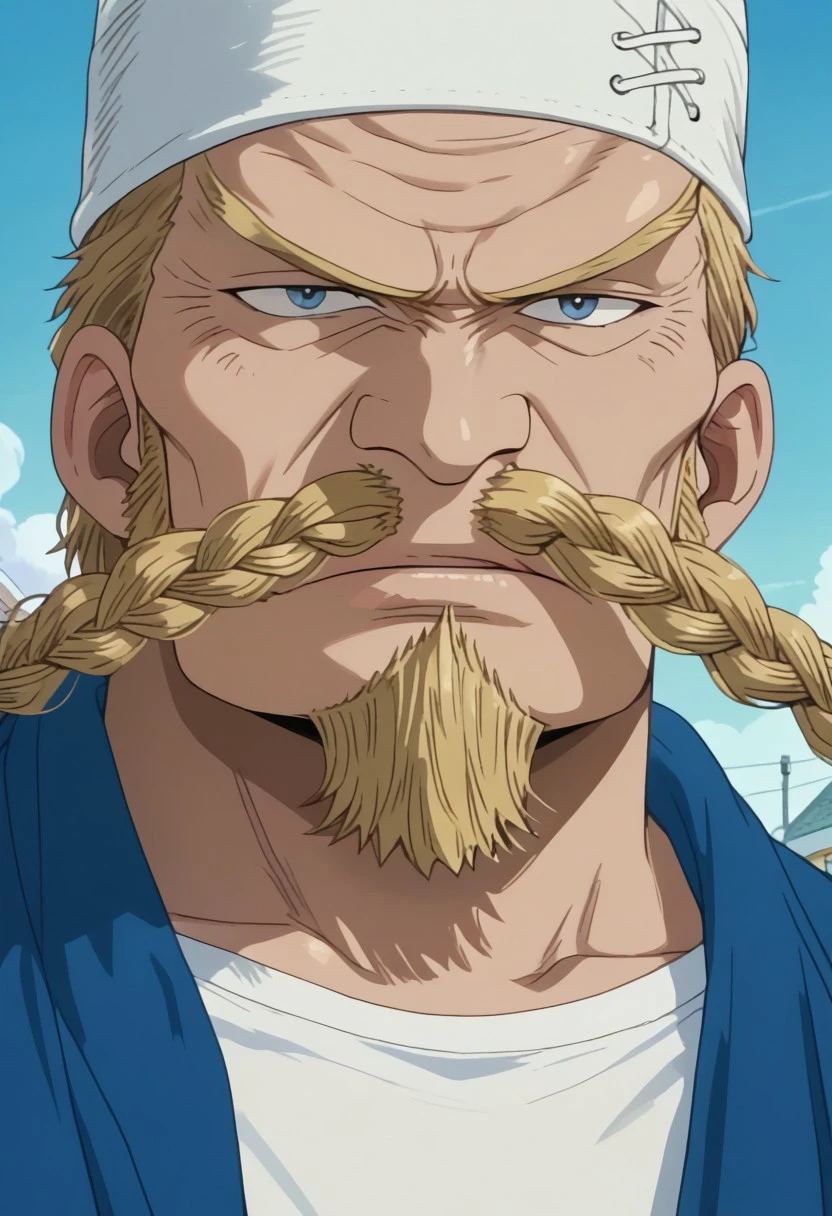 score_9, score_8_up, score_7_up, source_anime, rating_safe, ZeffOP, blonde_Zeff_hair, yellow_Zeff_twin braids facial hair, 1boy, male focus, anime screencap,