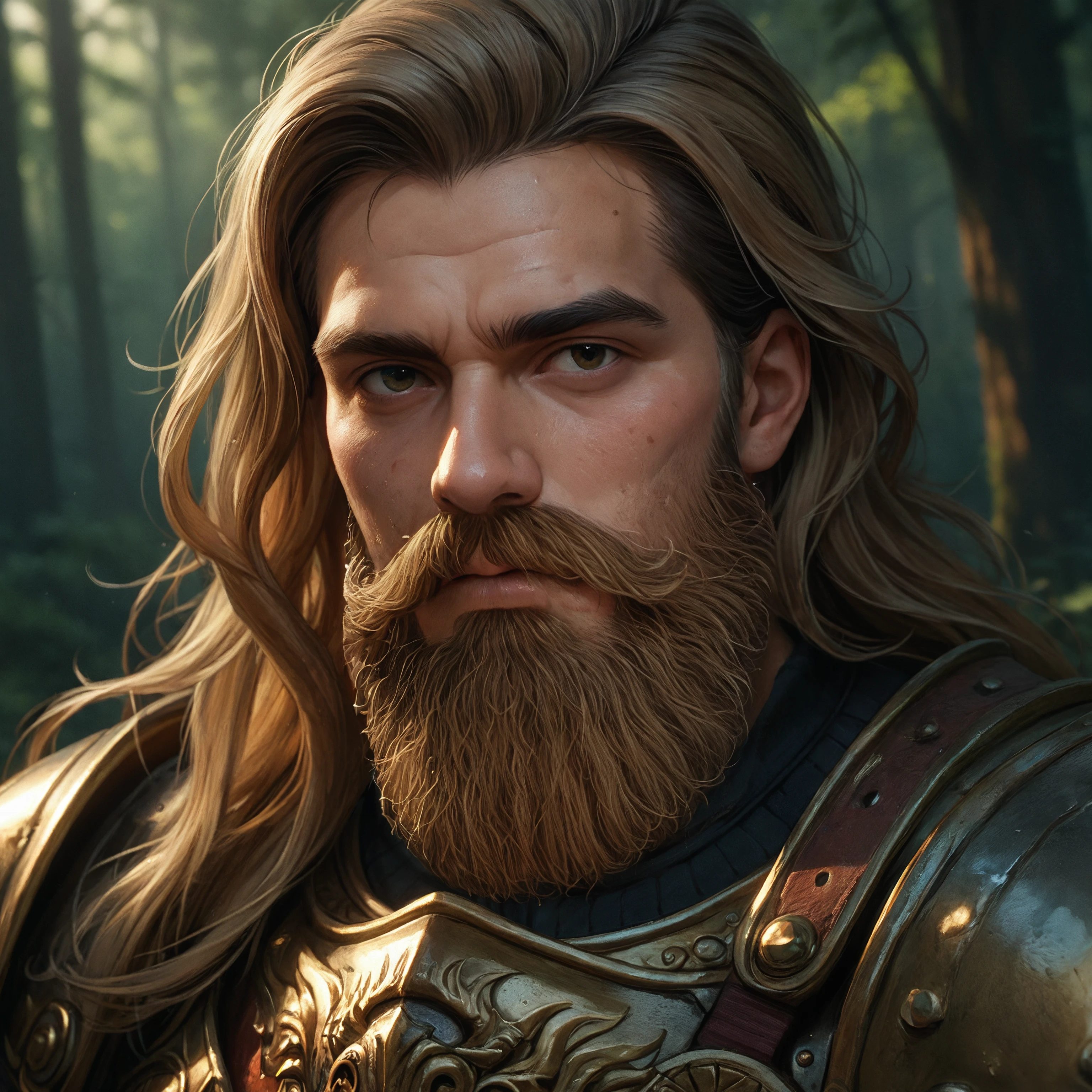 score_9, score_8_up, score_7_up, 1boy, rugged look, beard, facial hair, mustache, armor, fantasy, long hair, dirty blonde,
portrait
outdoors, forest, dark background, detailed environment,