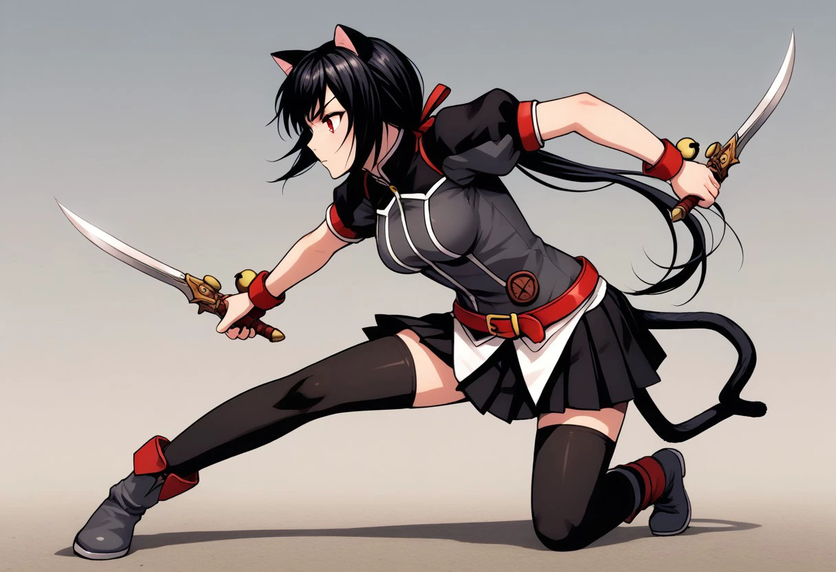 score_9, score_8_up, score_7_up, source_anime, good anatomy, detailed face, beautiful face, 1girl, solo, NoirVinocacao, catgirl, cat ears, cat tail, red eyes, black hair, short hair, red hair ribbon, long hair, ponytail, black genois uniform, medium breasts, red belt, puffy short sleeves, puffy sleeves, short sleeves, red armbands with bells, short skirt, miniskirt, pleated skirt, black thighhigh, red and black boots, fighting stance, pouncing, fluttering skirt, on one leg, dual wielding, dual wielding daggers, one leg raised, on knee raised