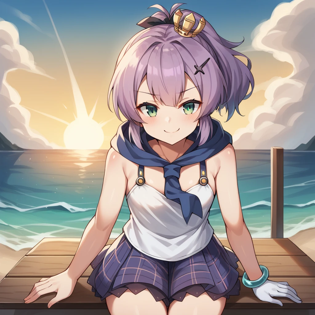 score_9_up, score_8_up, score_7_up, source_anime, masterpiece, best quality, 1girl, solo, Javel_Azur, Jav_Def, sun light, sea, port, sitting on bench, closed eyes, looking at you, smug smile, leaning forward, javelin (azur lane), purple hair, green eyes, ponytail, mini crown, camisole, white camisole, plaid skirt, purple skirt, hairclip, pleated skirt, white gloves, single glove, bracelet, blue necktie, hood down, ribbon,  dynamic cowboy shot, outdoors, sky clouds background