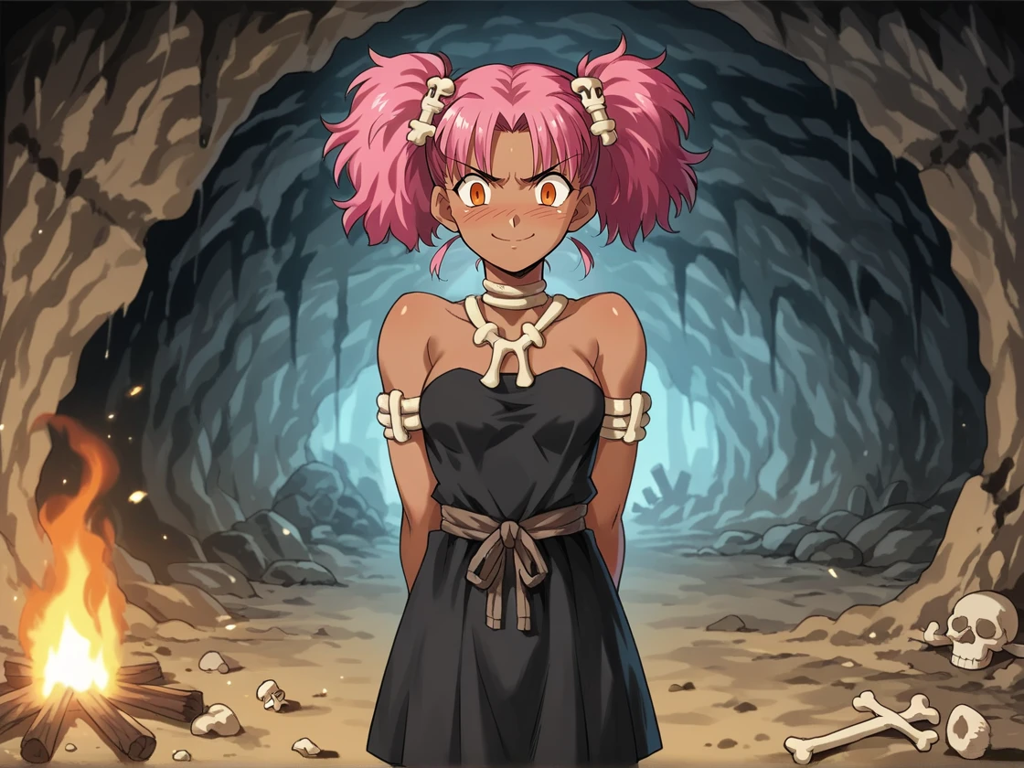 1girl, solo, dark skin, evil, evil smile, reaching viewer, orange eyes, pink hair, messy hair, twintails, hands behind back, closing to the viewer, cavewoman, fur, bone hair ornament, jewelry prehistoric, evil smile, closed mouth, blush, indoors, cave, bonfire, blurry <lora:Fate_VN:1>, score_9, score_8_up, score_7_up, score_6_up, score_5_up, score_4_up, BREAK source_anime, masterpiece