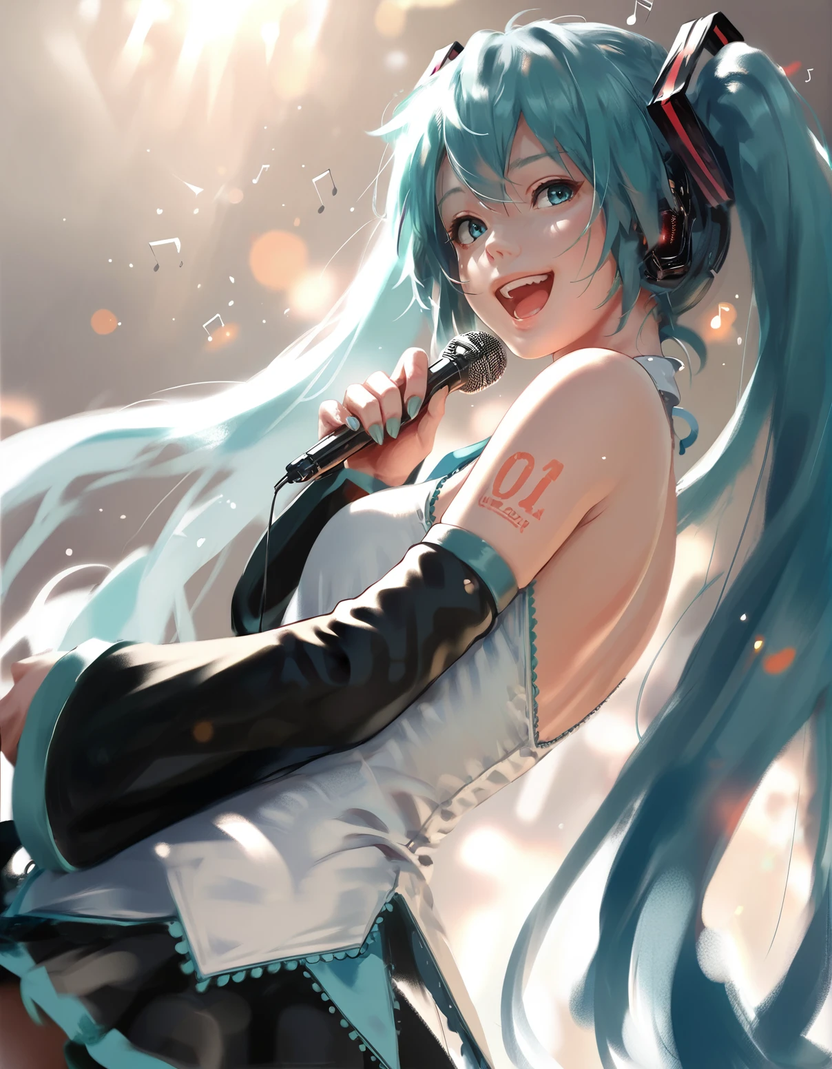 score_9, score_8_up, score_7_up,score_6_up,score_5_up,score_4_up,1girl hatsune miku, singing, open mouth, smile, lens flare, sunlight, dutch angle, detached sleeves, 
<lora:wlopwangling_style_pony6_v2-000038:1>